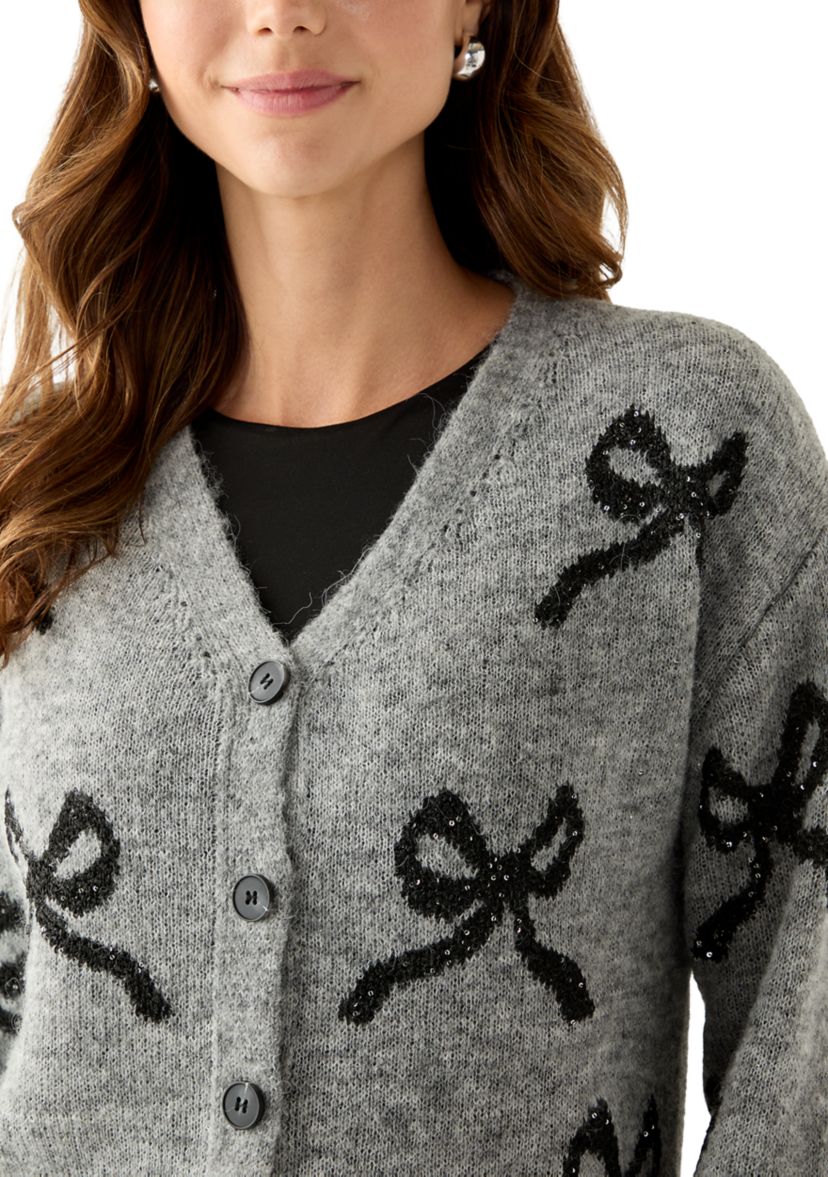 Womens Button Front Bow Print Cardigan 