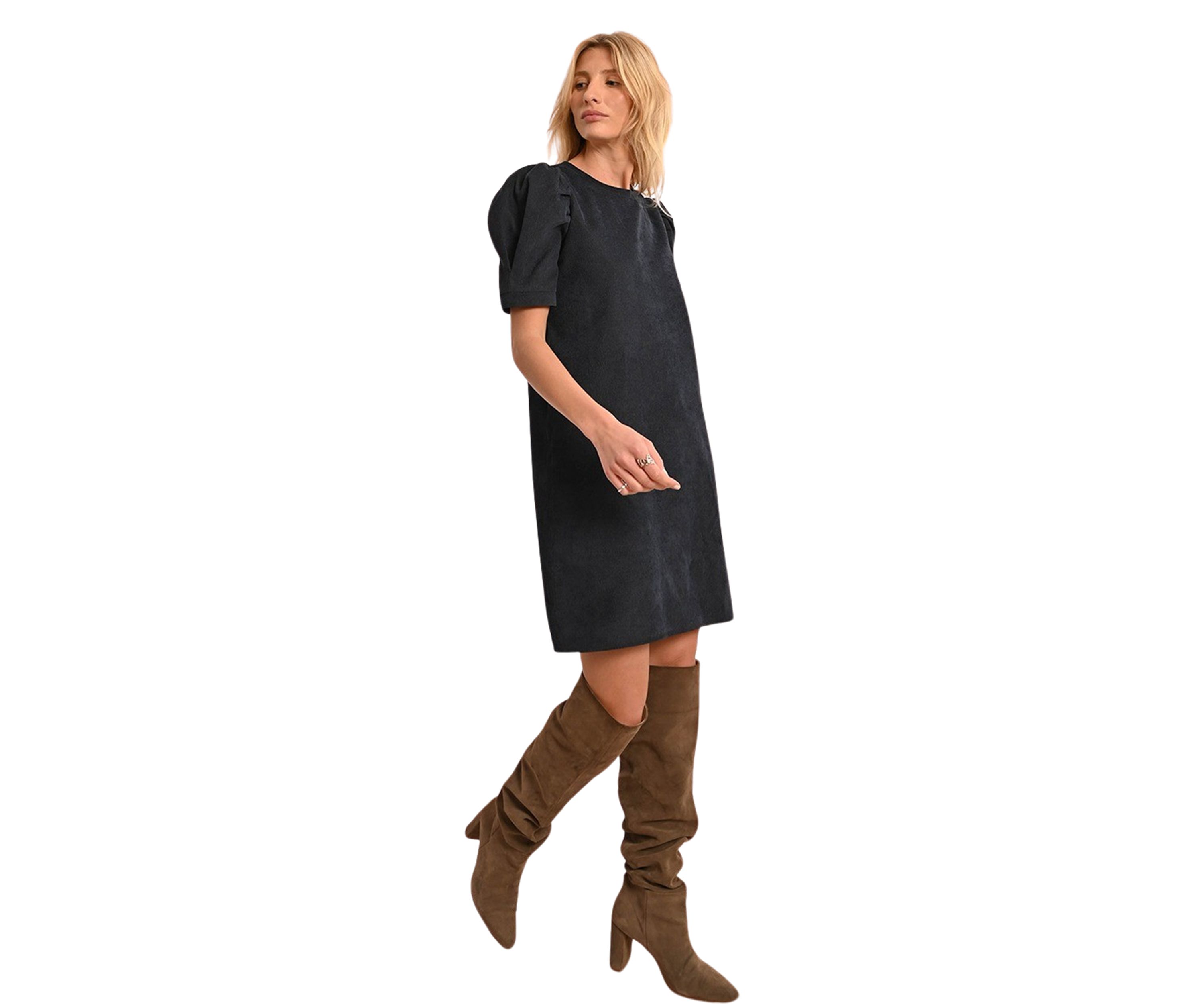 Womens Puff Sleeve Corduroy Dress