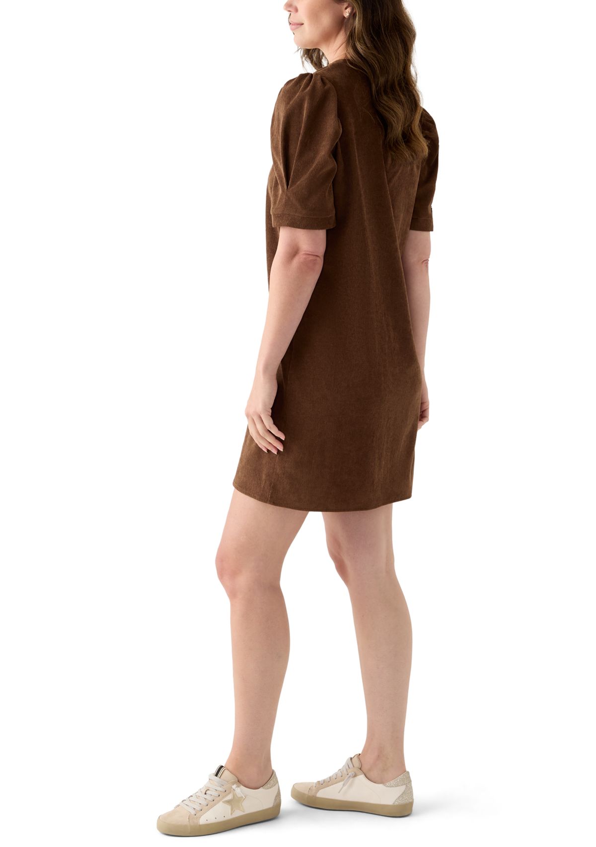 Womens Puff Sleeve Corduroy Dress