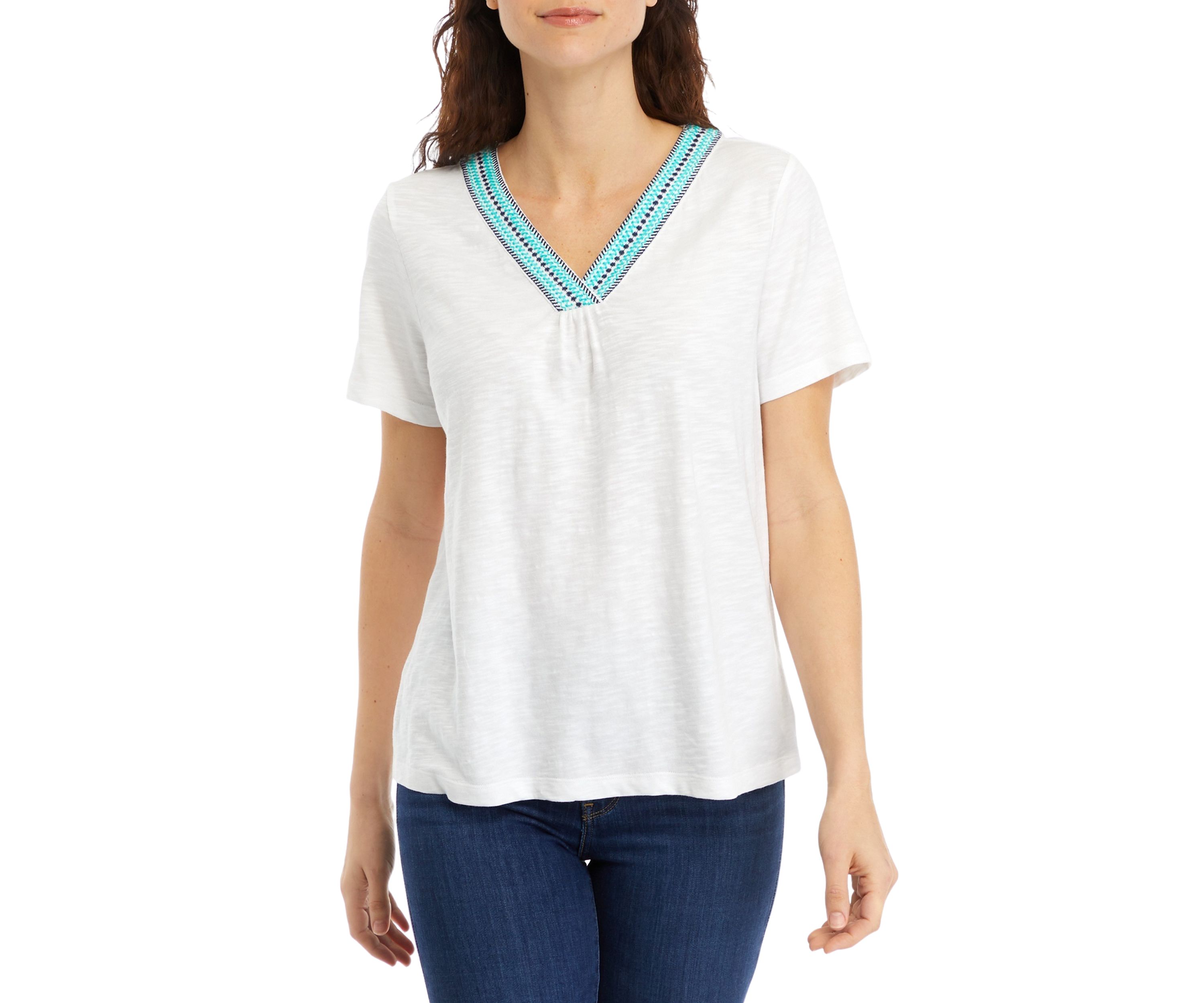 Petite Short Sleeve Embroidered V-Neck T-Shirt
