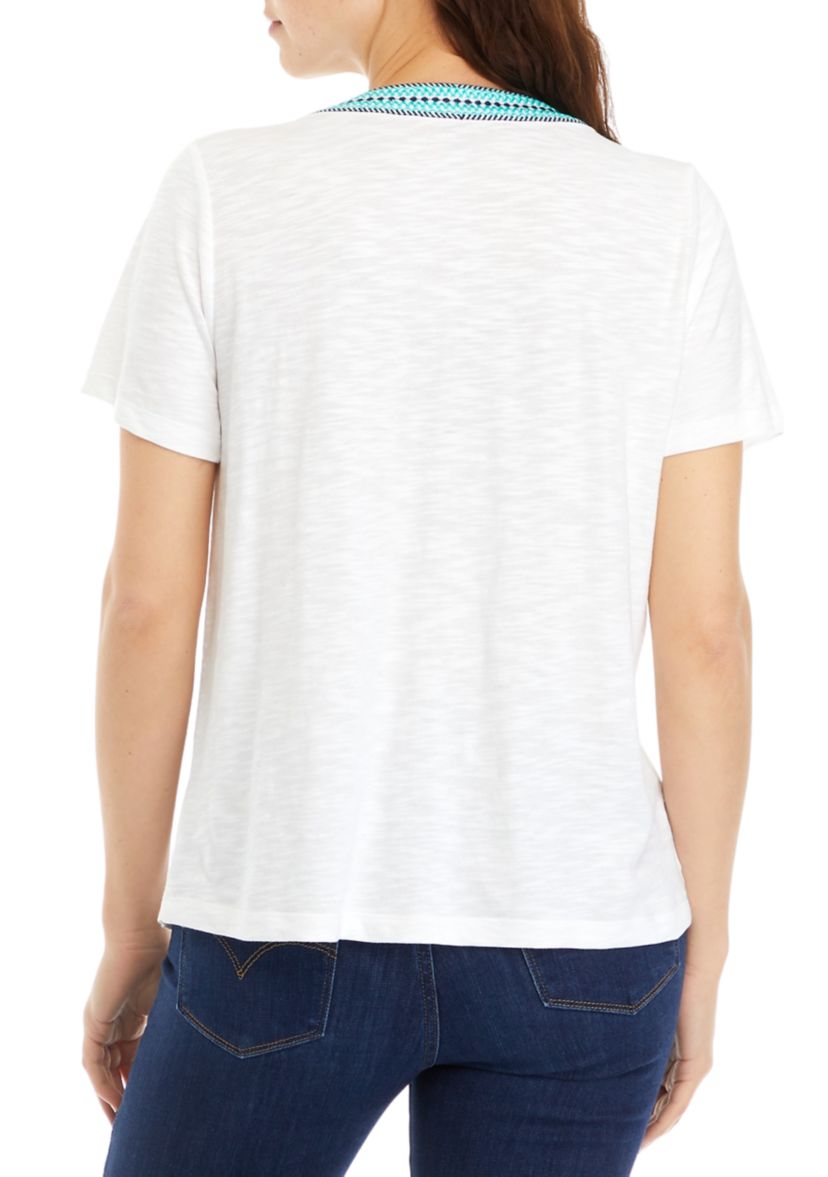 Petite Short Sleeve Embroidered V-Neck T-Shirt