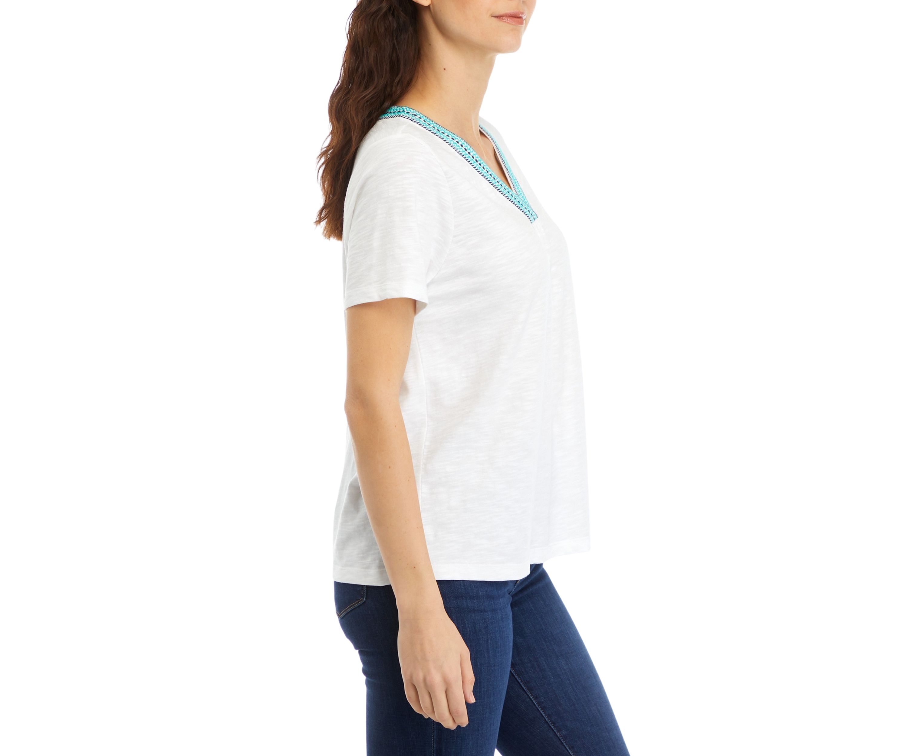 Petite Short Sleeve Embroidered V-Neck T-Shirt