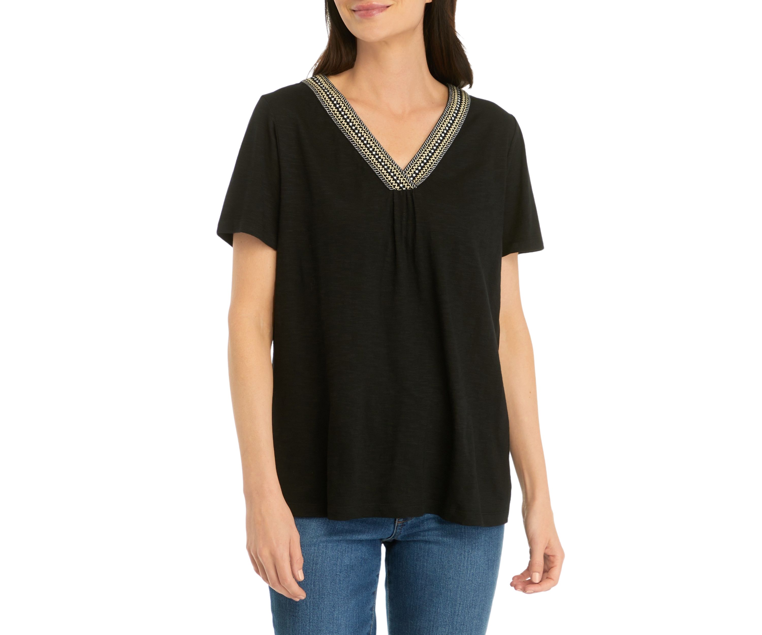 Womens Short Sleeve Embroidered V-Neck T-Shirt