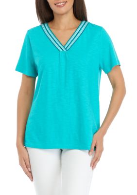 Kim Rogers Women's Short Sleeve Embroidered V-Neck T-Shirt, Small