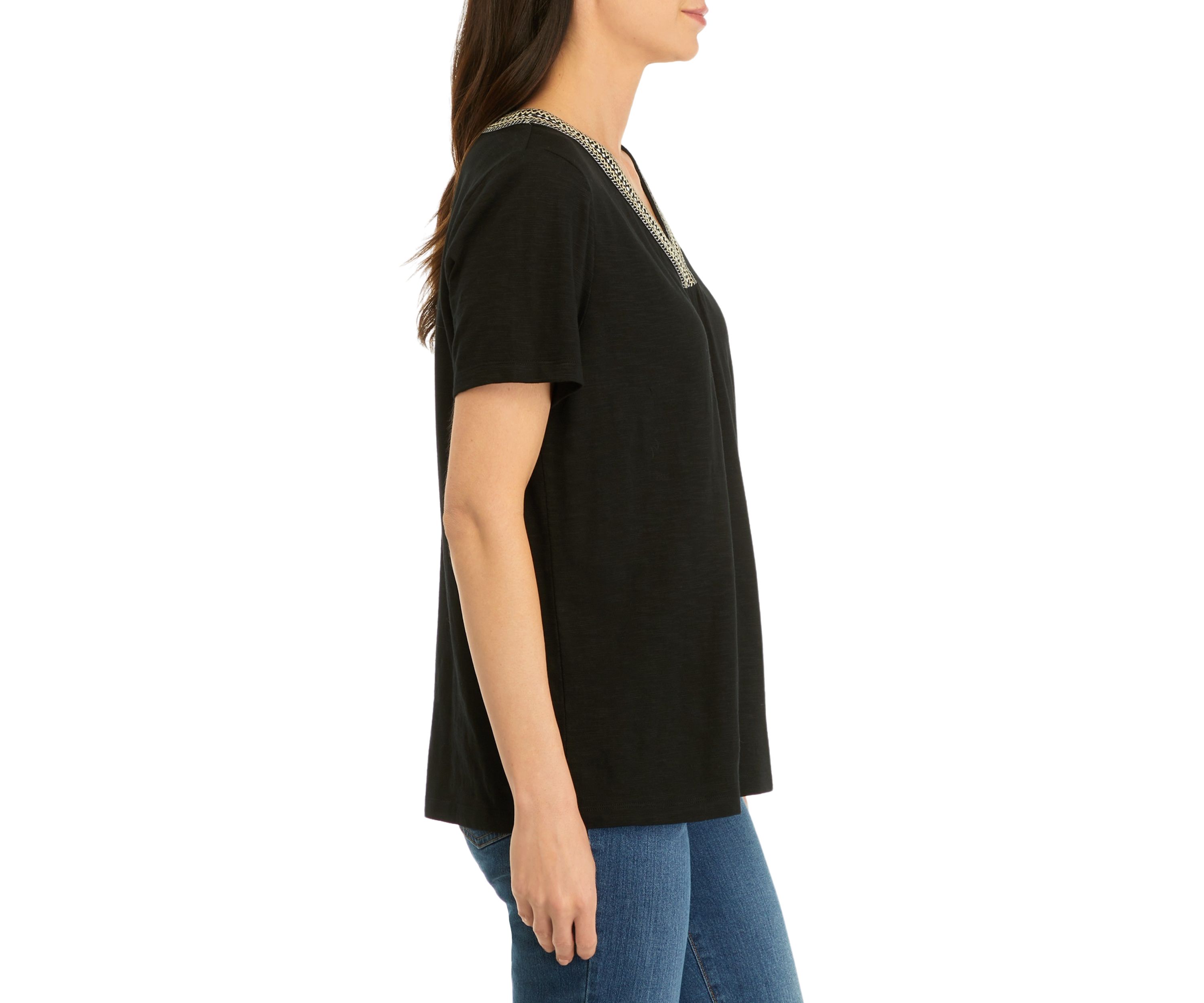Womens Short Sleeve Embroidered V-Neck T-Shirt