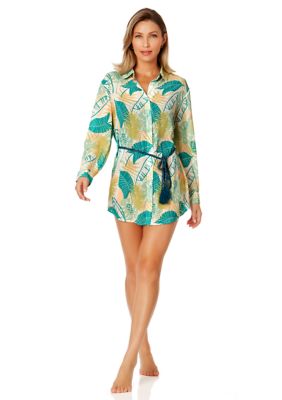 Tahiti Crinkle Tie Belt Button Front Swim Cover Up