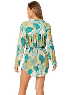 Tahiti Crinkle Tie Belt Button Front Swim Cover Up