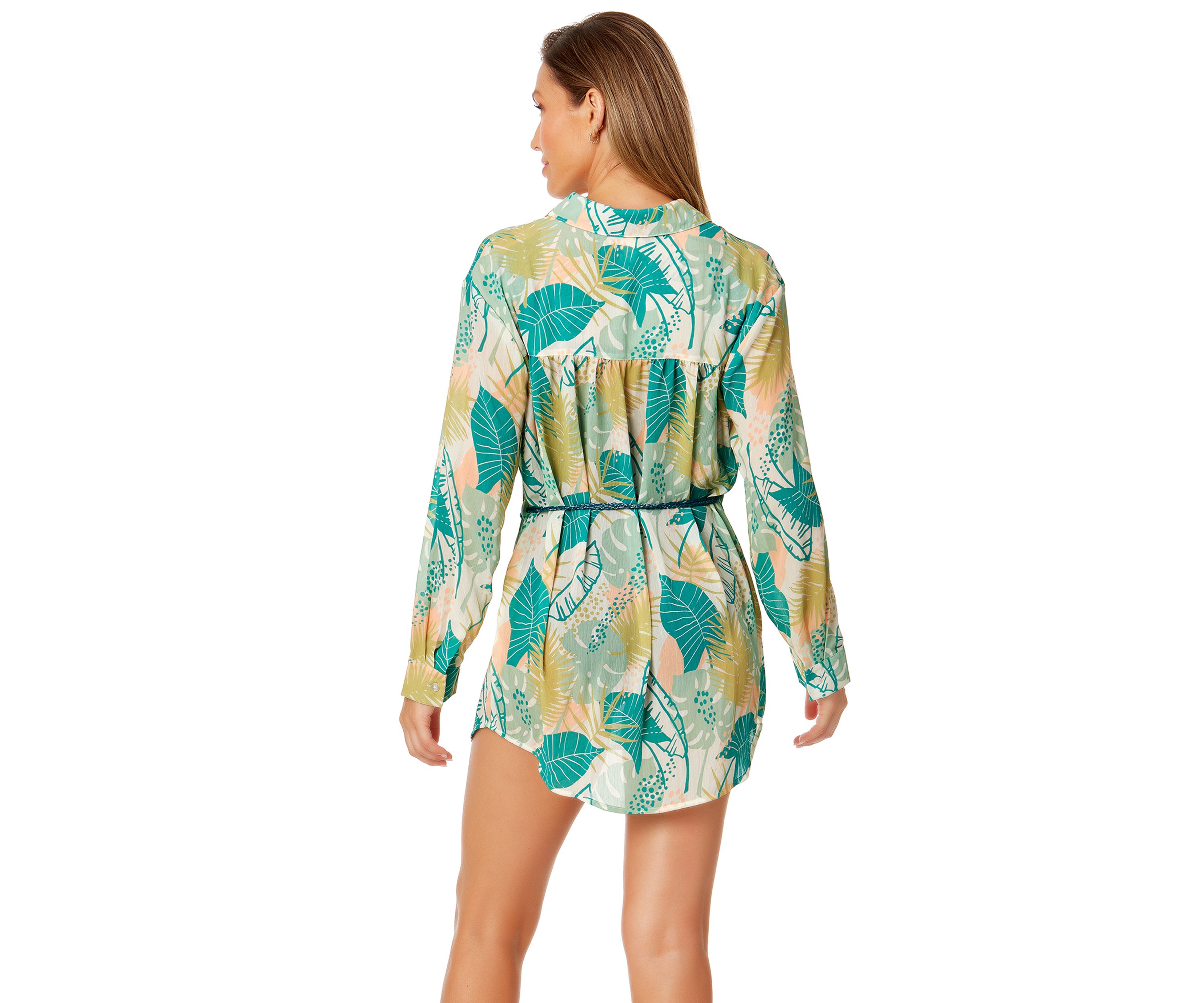 Tahiti Crinkle Tie Belt Button Front Swim Cover Up