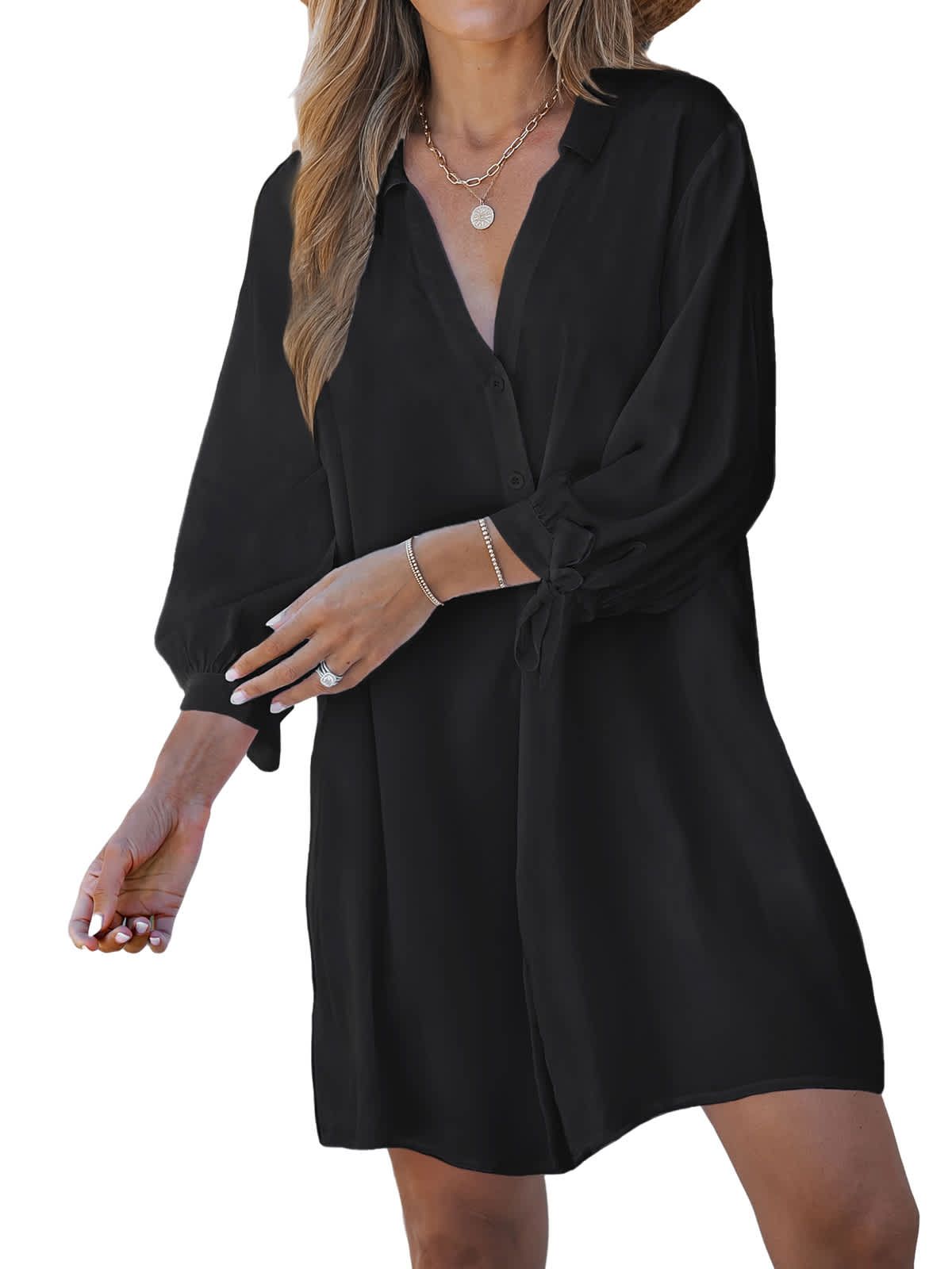 Womens Tie Cuff Button-Front Cover-Up Dress - Cupshe-XL-Black