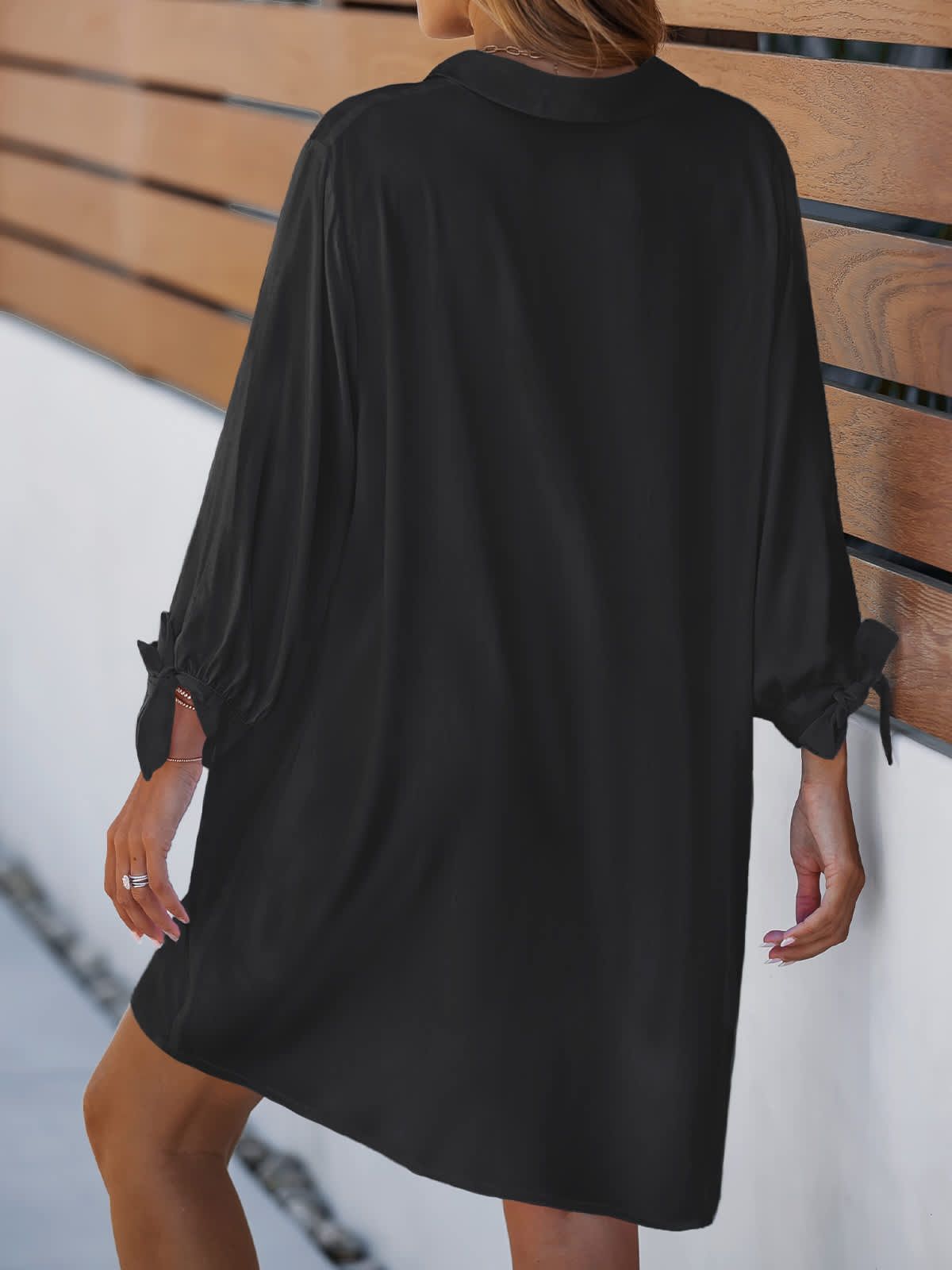 Womens Tie Cuff Button-Front Cover-Up Dress - Cupshe-XL-Black