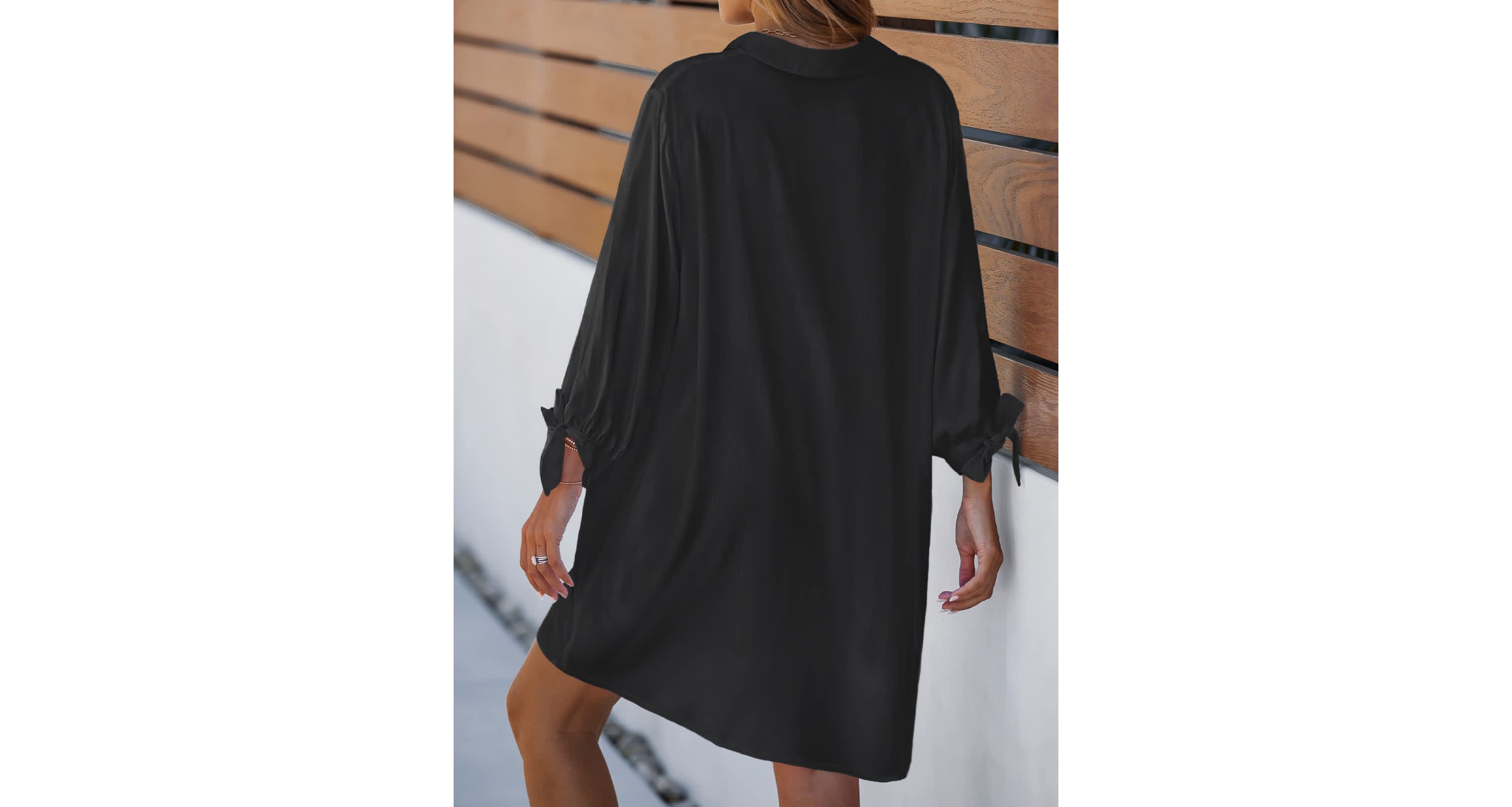 Womens Tie Cuff Button-Front Cover-Up Dress - Cupshe-XL-Black