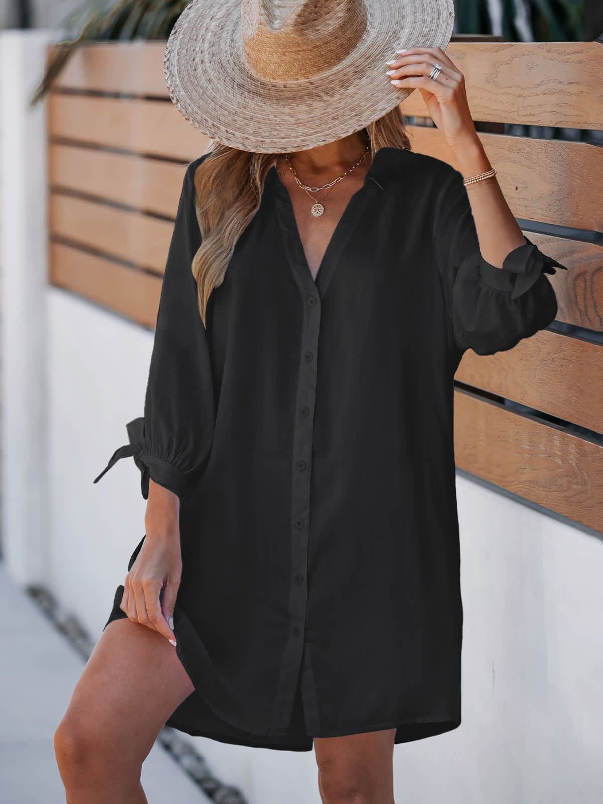 Womens Tie Cuff Button-Front Cover-Up Dress - Cupshe-XL-Black