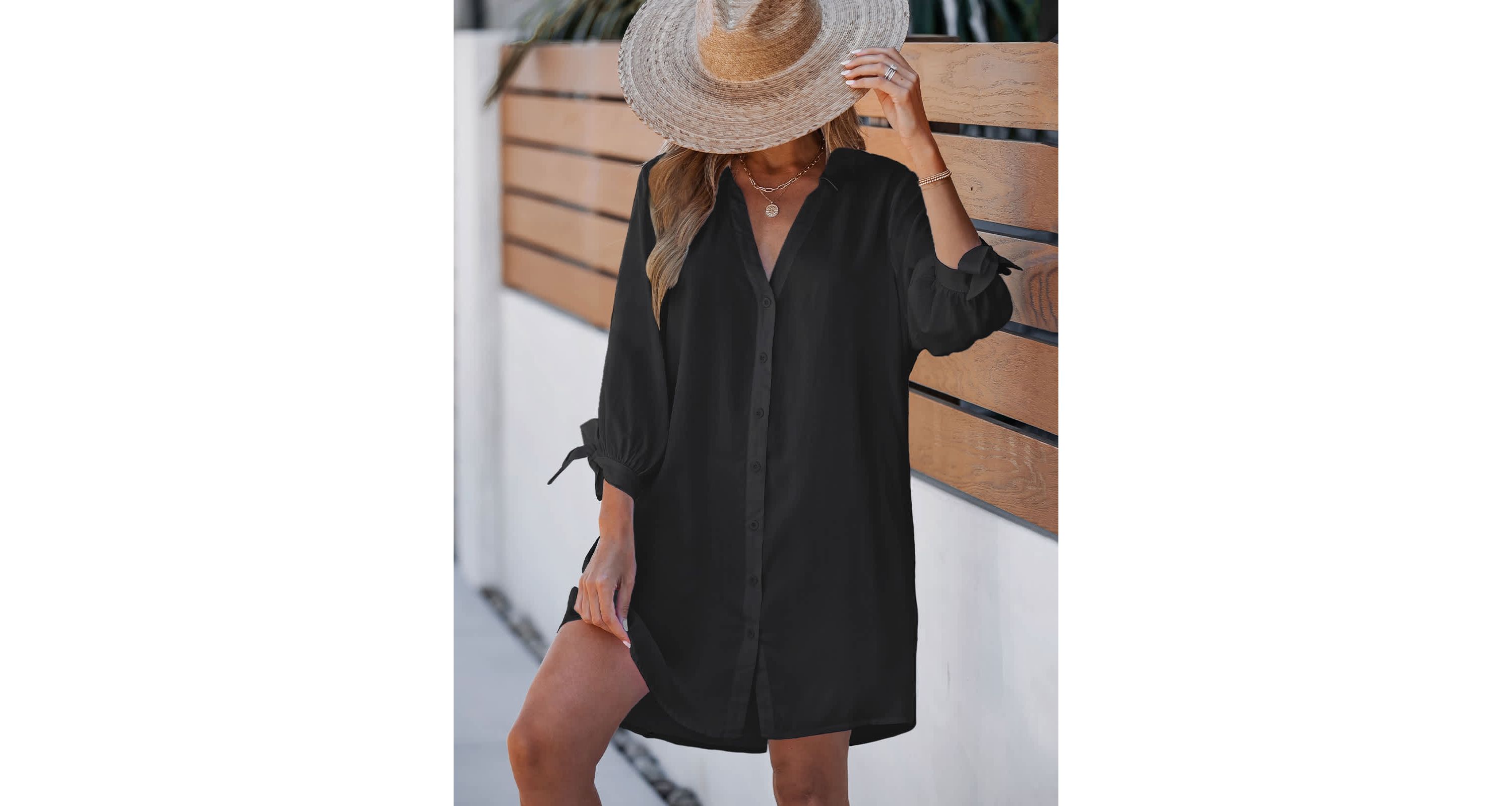 Womens Tie Cuff Button-Front Cover-Up Dress - Cupshe-XL-Black