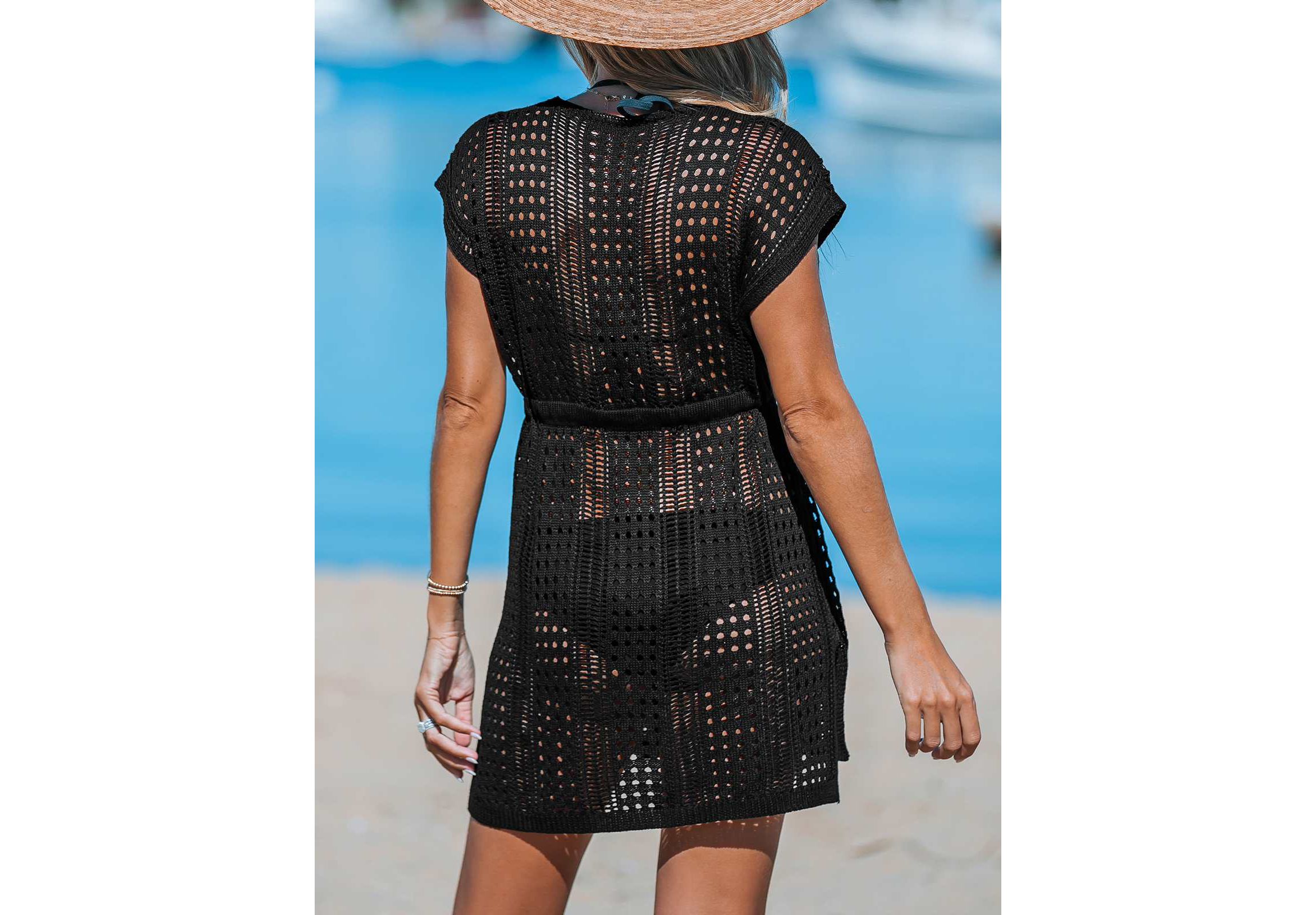 Womens Crochet Drawstring & Cut-Out Cover-Up Dress - Cupshe-L-Black
