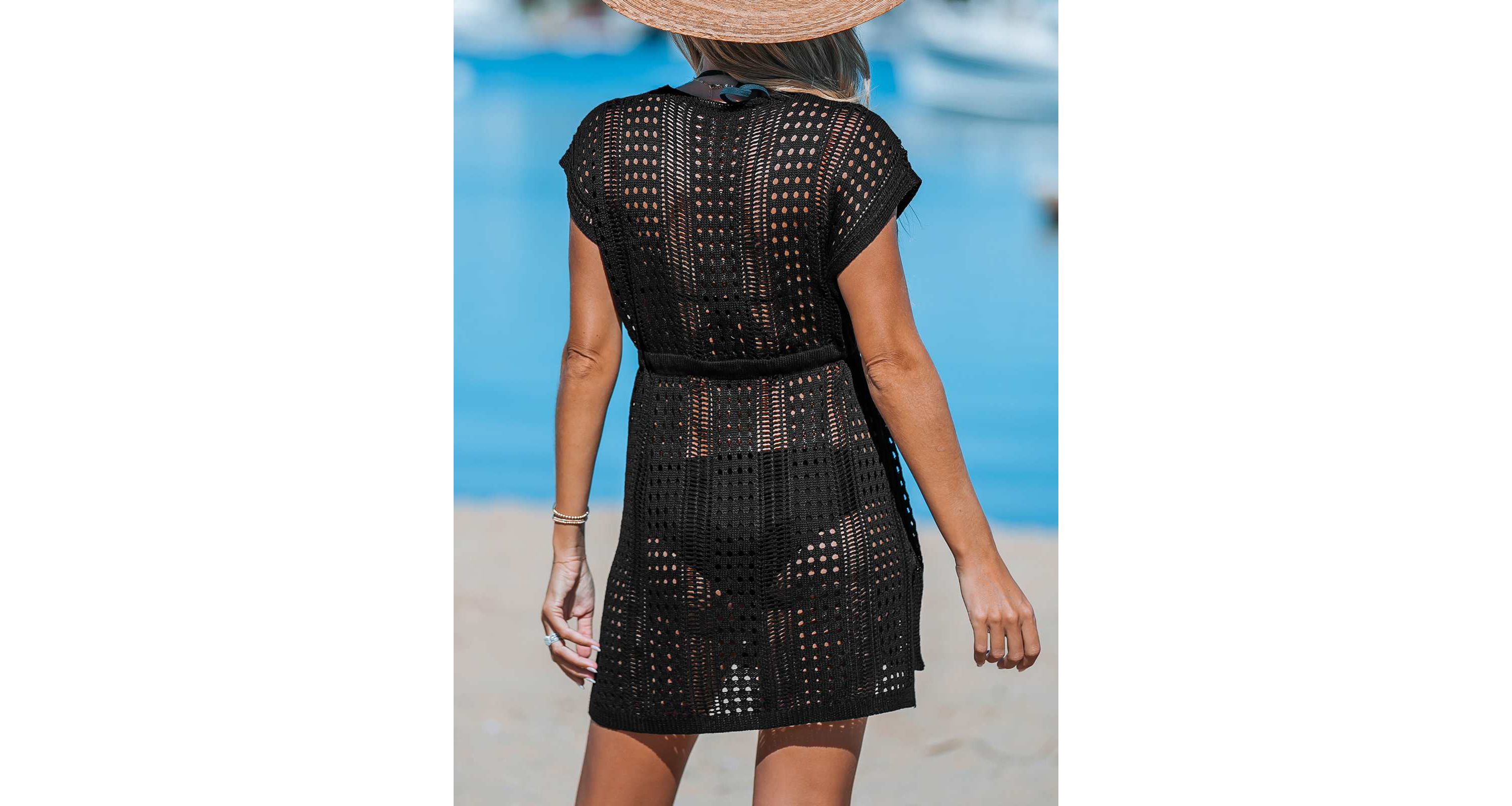 Womens Crochet Drawstring & Cut-Out Cover-Up Dress - Cupshe-L-Black