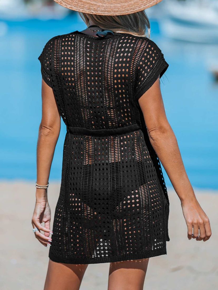 Womens Crochet Drawstring & Cut-Out Cover-Up Dress - Cupshe-L-Black