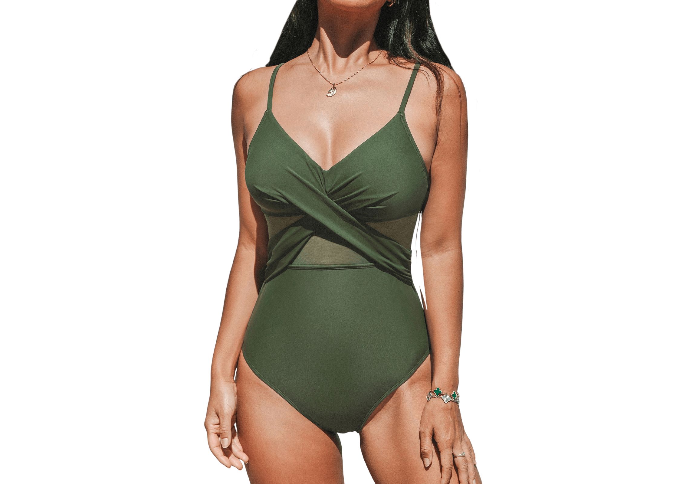 Womens Chic Olive Green Wrap One-Piece Swimsuit