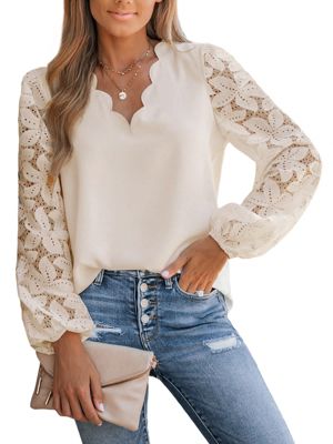 Cupshe Women's Floral Lace Scalloped V Neck Top, White, Large