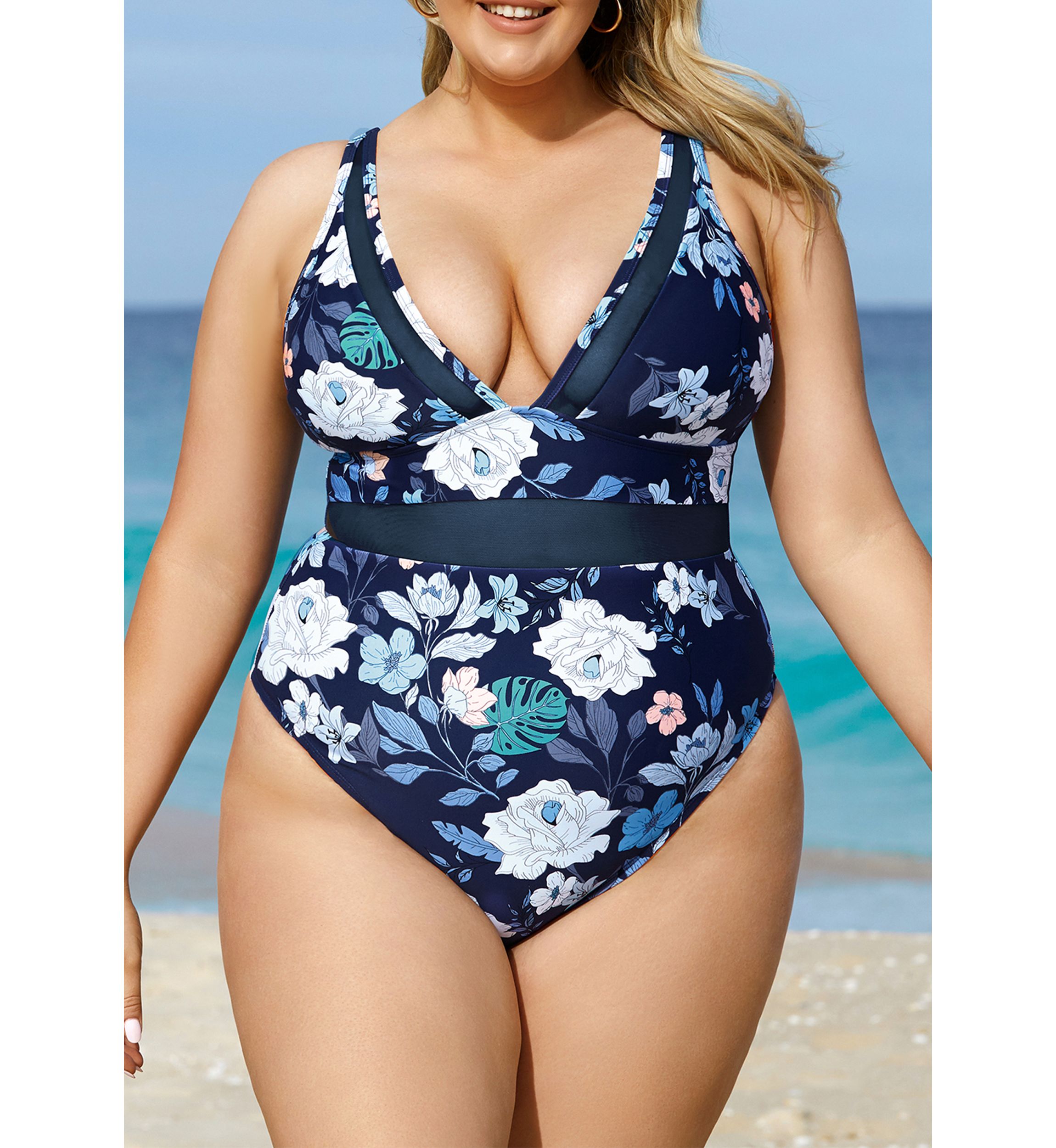 Plus Size V Plunge Floral Maillot Swimsuit