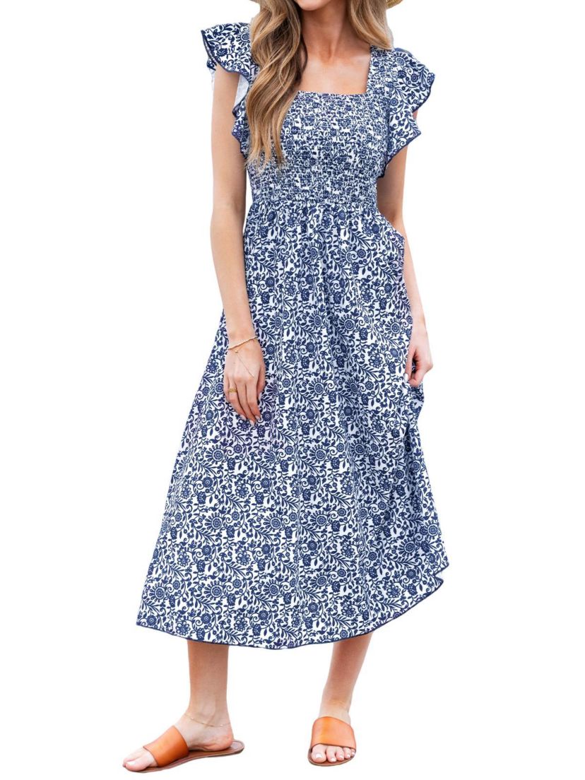 Womens Floral Flutter Sleeve Midi Dress