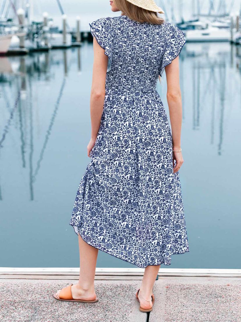 Womens Floral Flutter Sleeve Midi Dress