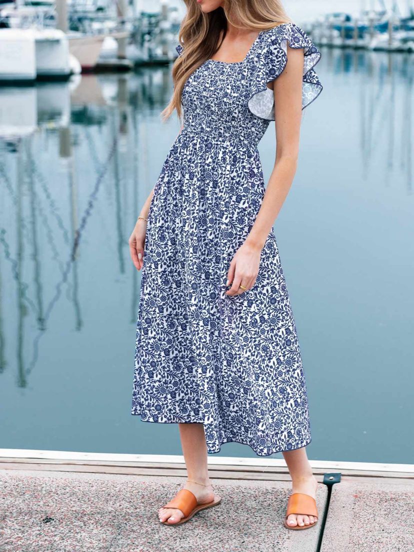 Womens Floral Flutter Sleeve Midi Dress