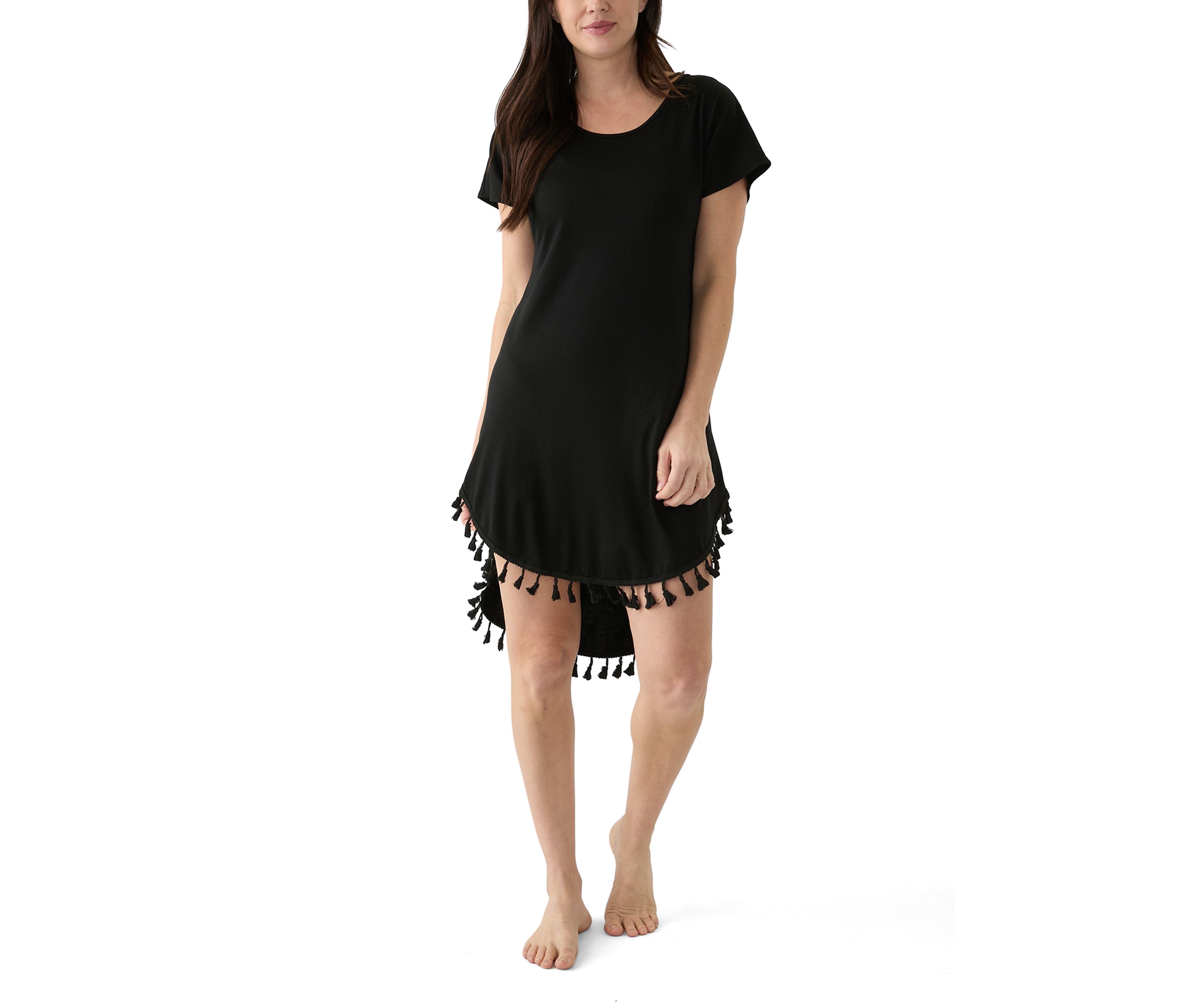 Womens Short Sleeve Solid Swim Cover Up Dress with Tassel Hem