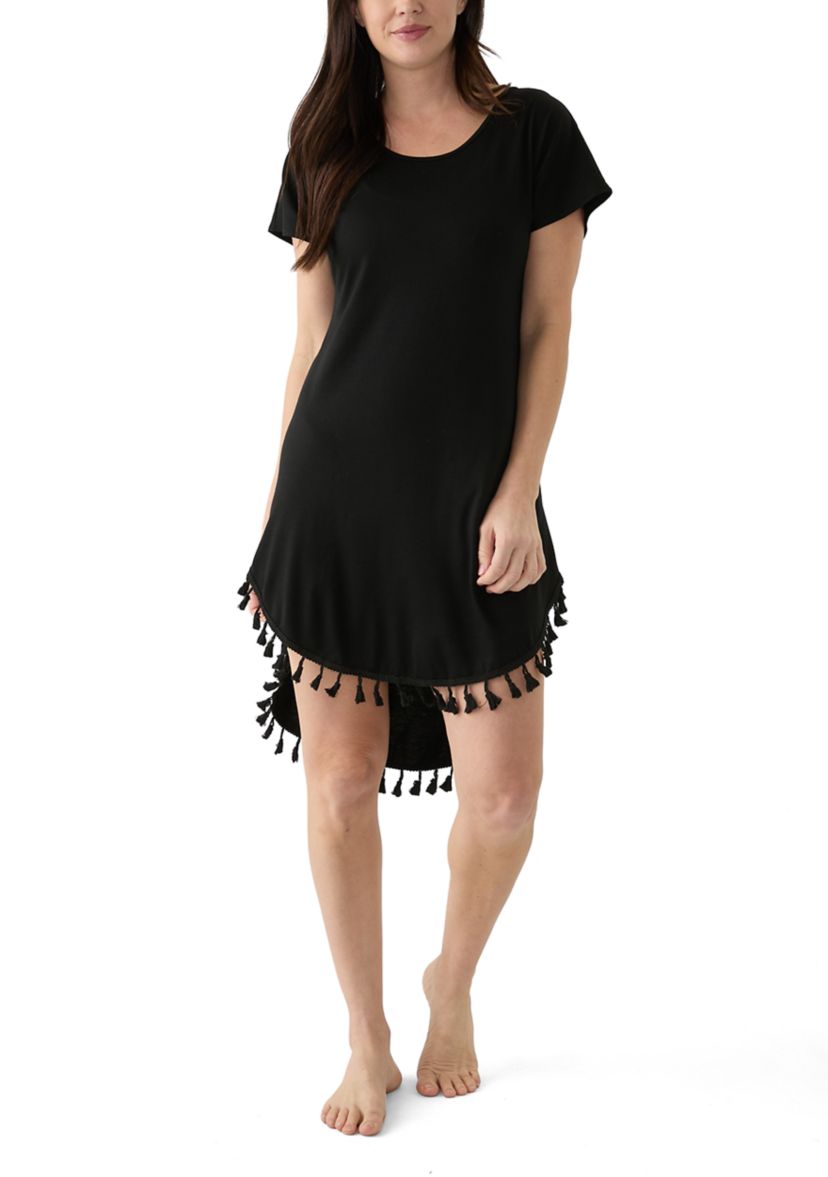 Womens Short Sleeve Solid Swim Cover Up Dress with Tassel Hem