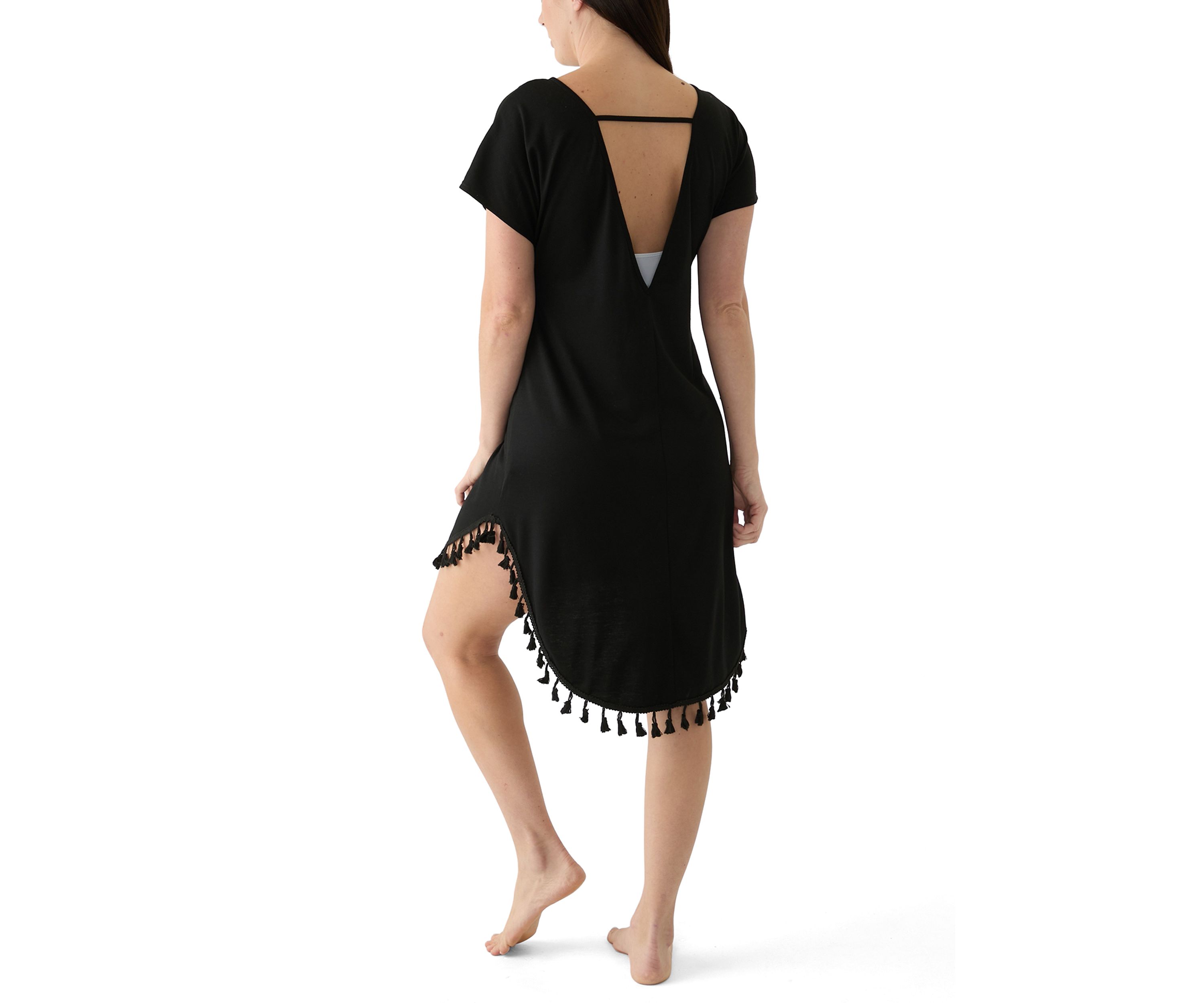 Womens Short Sleeve Solid Swim Cover Up Dress with Tassel Hem