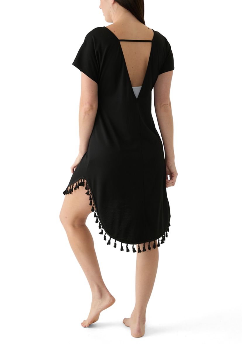 Womens Short Sleeve Solid Swim Cover Up Dress with Tassel Hem