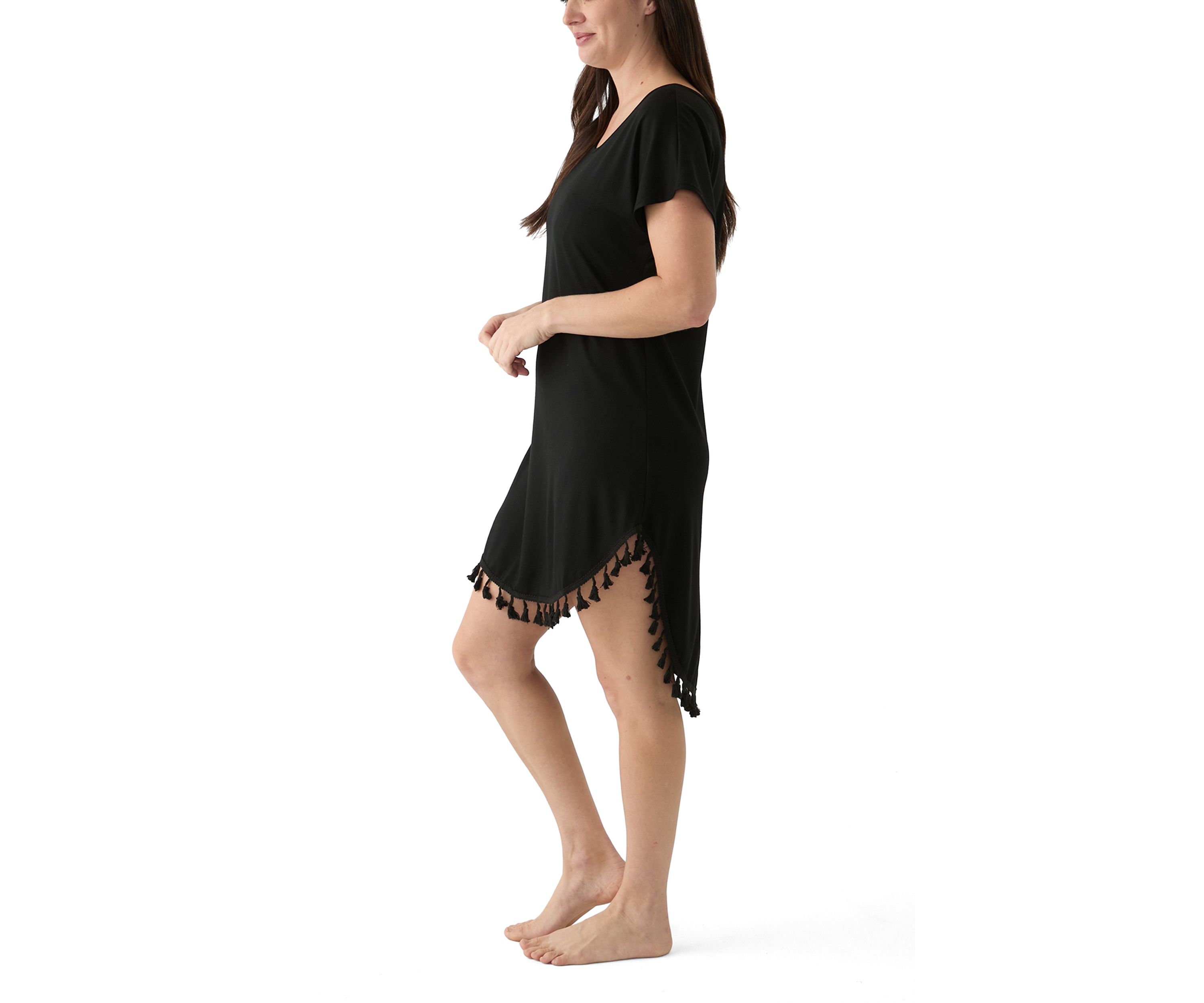Womens Short Sleeve Solid Swim Cover Up Dress with Tassel Hem