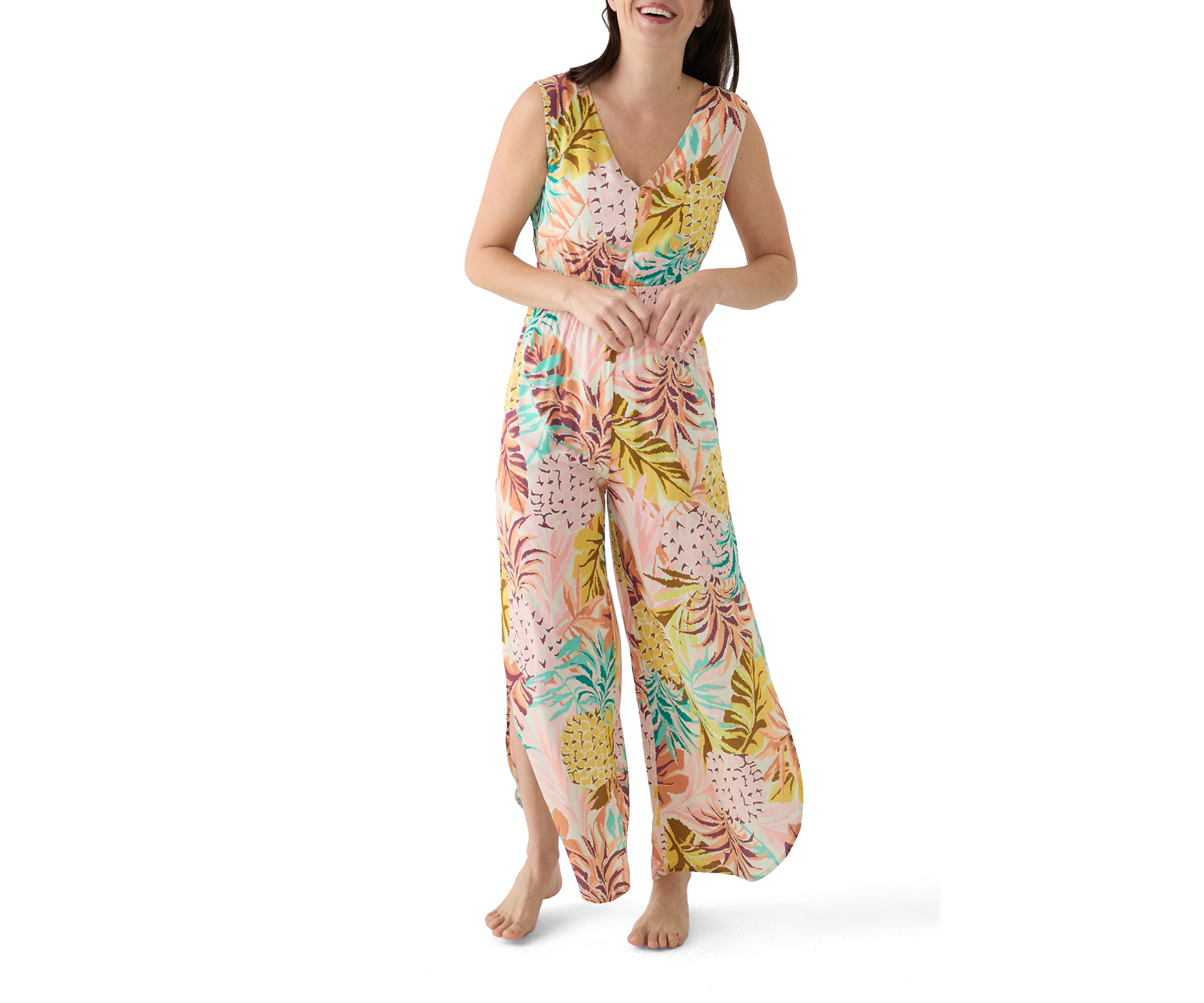 Womens Sleeveless Smocked Tropical Print Swim Cover Up Jumpsuit