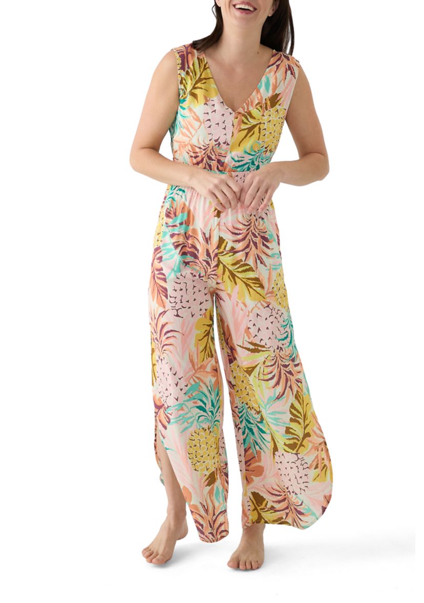 Womens Sleeveless Smocked Tropical Print Swim Cover Up Jumpsuit
