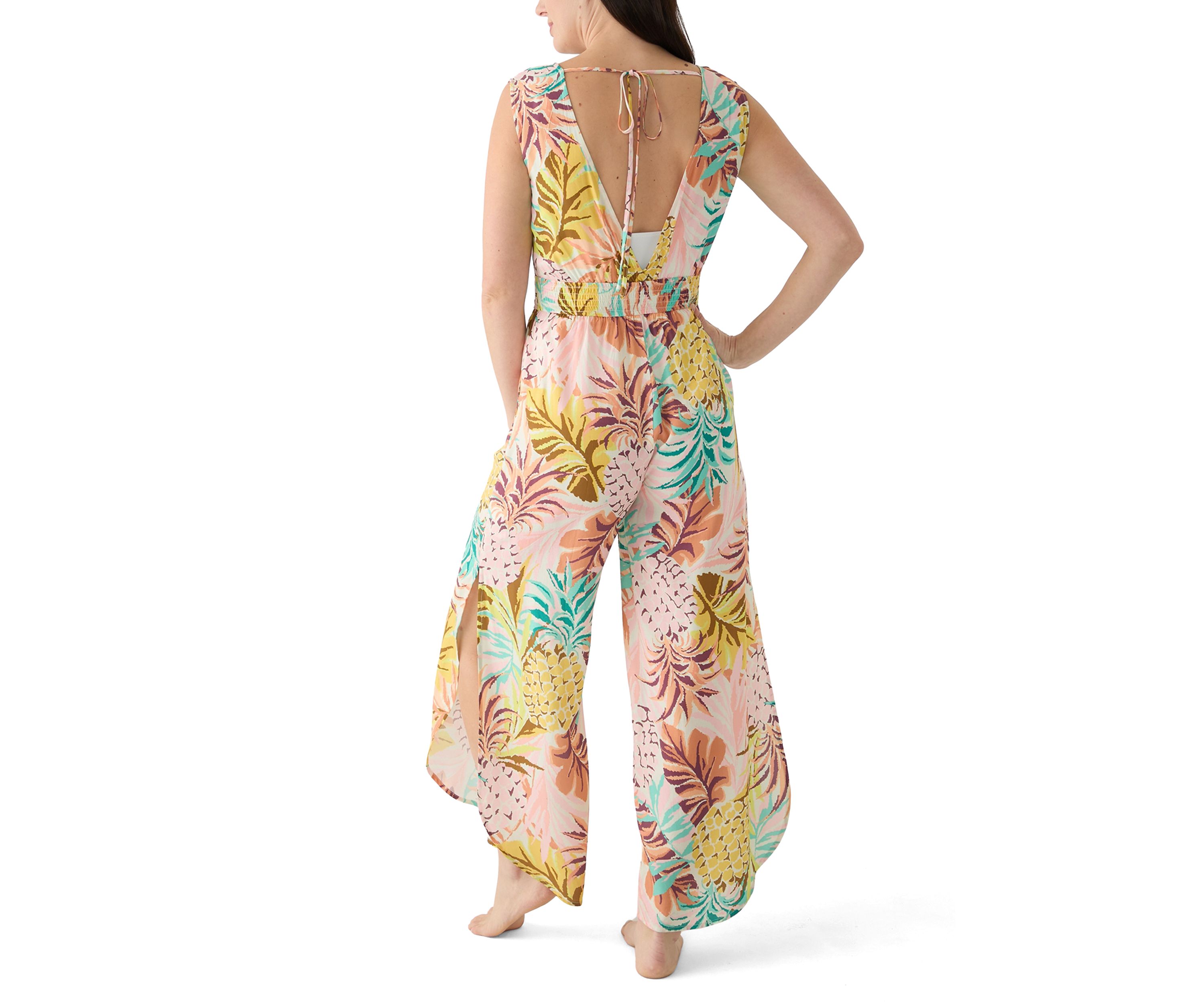 Womens Sleeveless Smocked Tropical Print Swim Cover Up Jumpsuit
