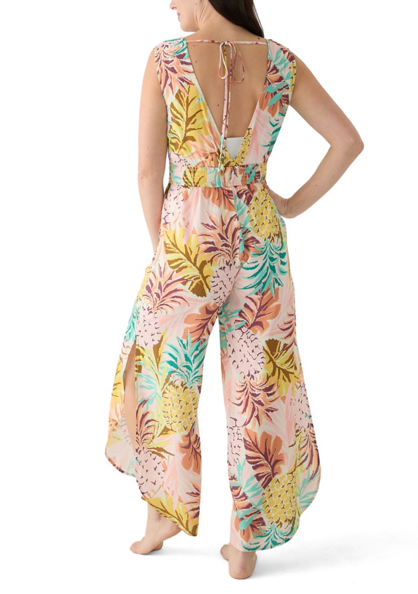 Womens Sleeveless Smocked Tropical Print Swim Cover Up Jumpsuit