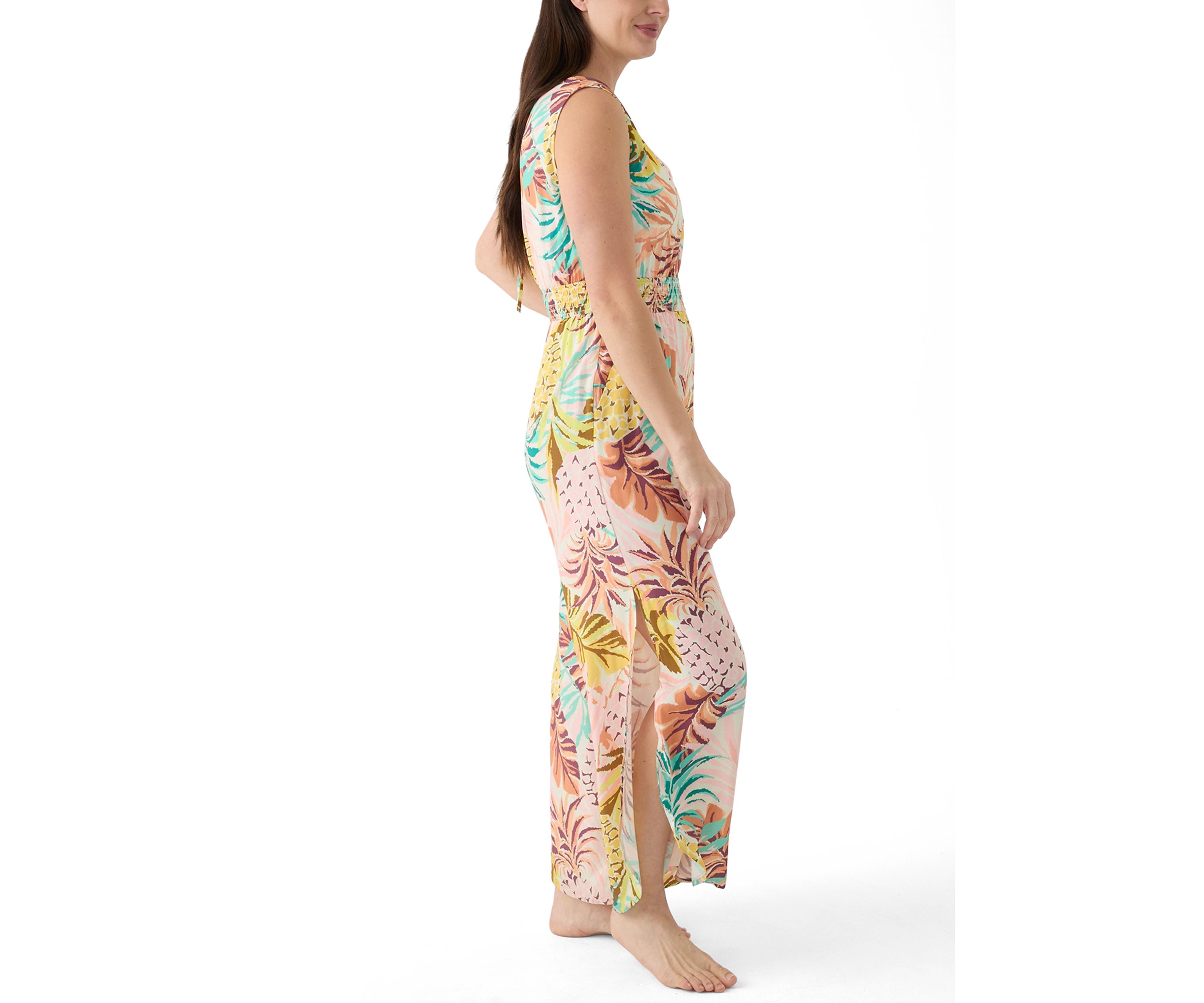 Womens Sleeveless Smocked Tropical Print Swim Cover Up Jumpsuit