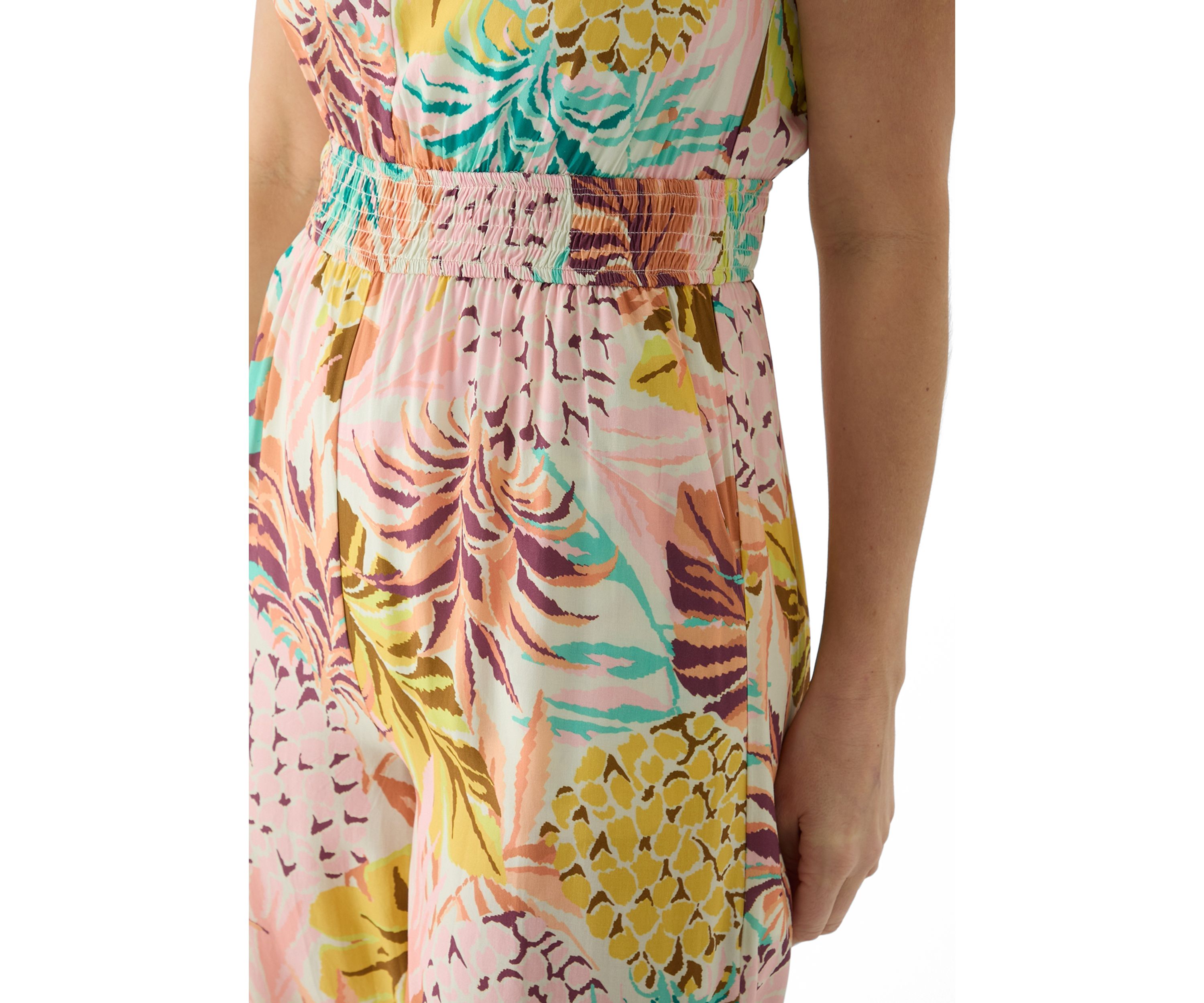Womens Sleeveless Smocked Tropical Print Swim Cover Up Jumpsuit