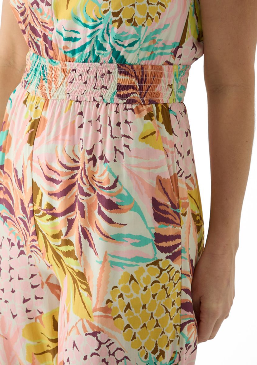 Womens Sleeveless Smocked Tropical Print Swim Cover Up Jumpsuit