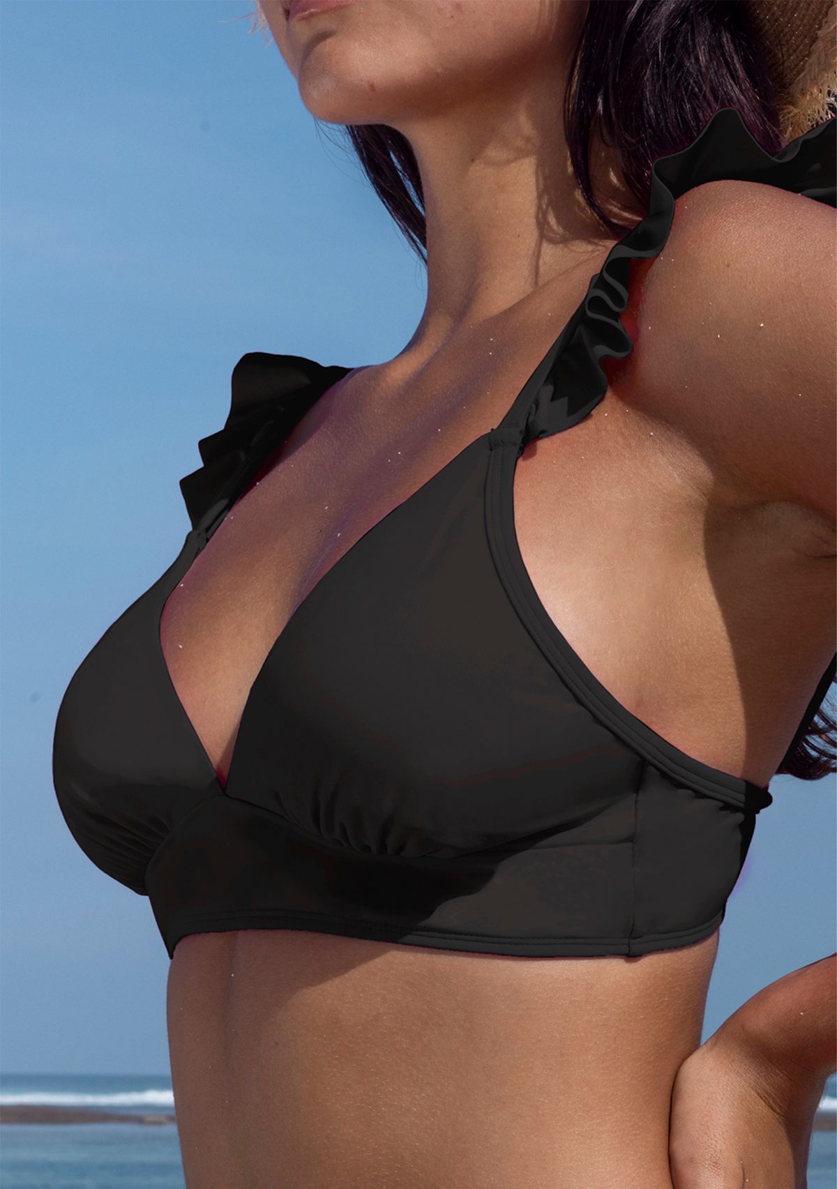 Solid Ruffle Strap Banded Bikini Swim Top