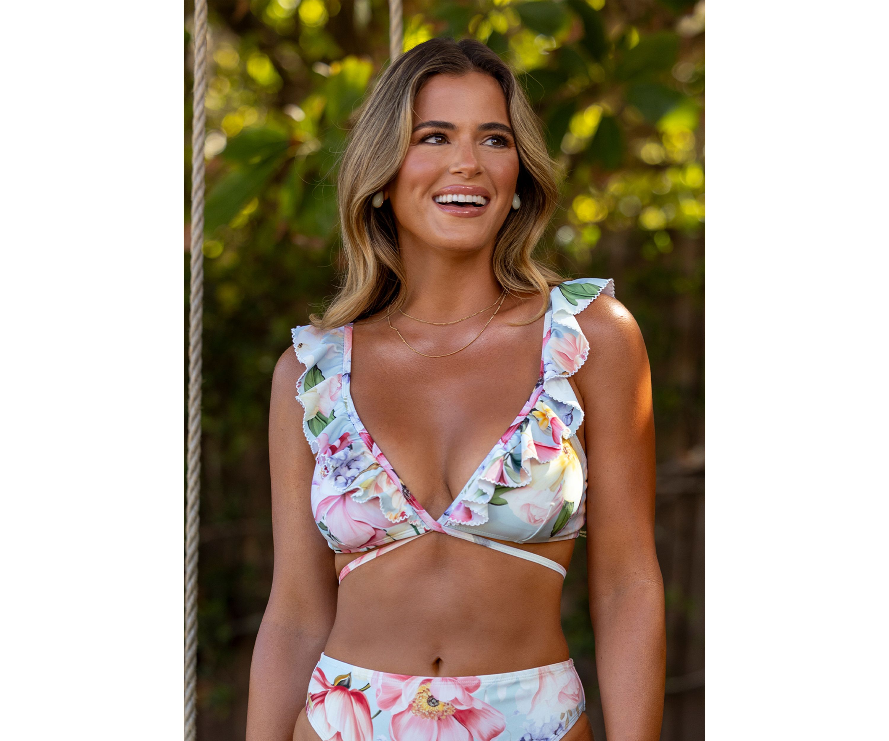 Floral Ruffle Sleeve with Wrap Swim Bikini Top 