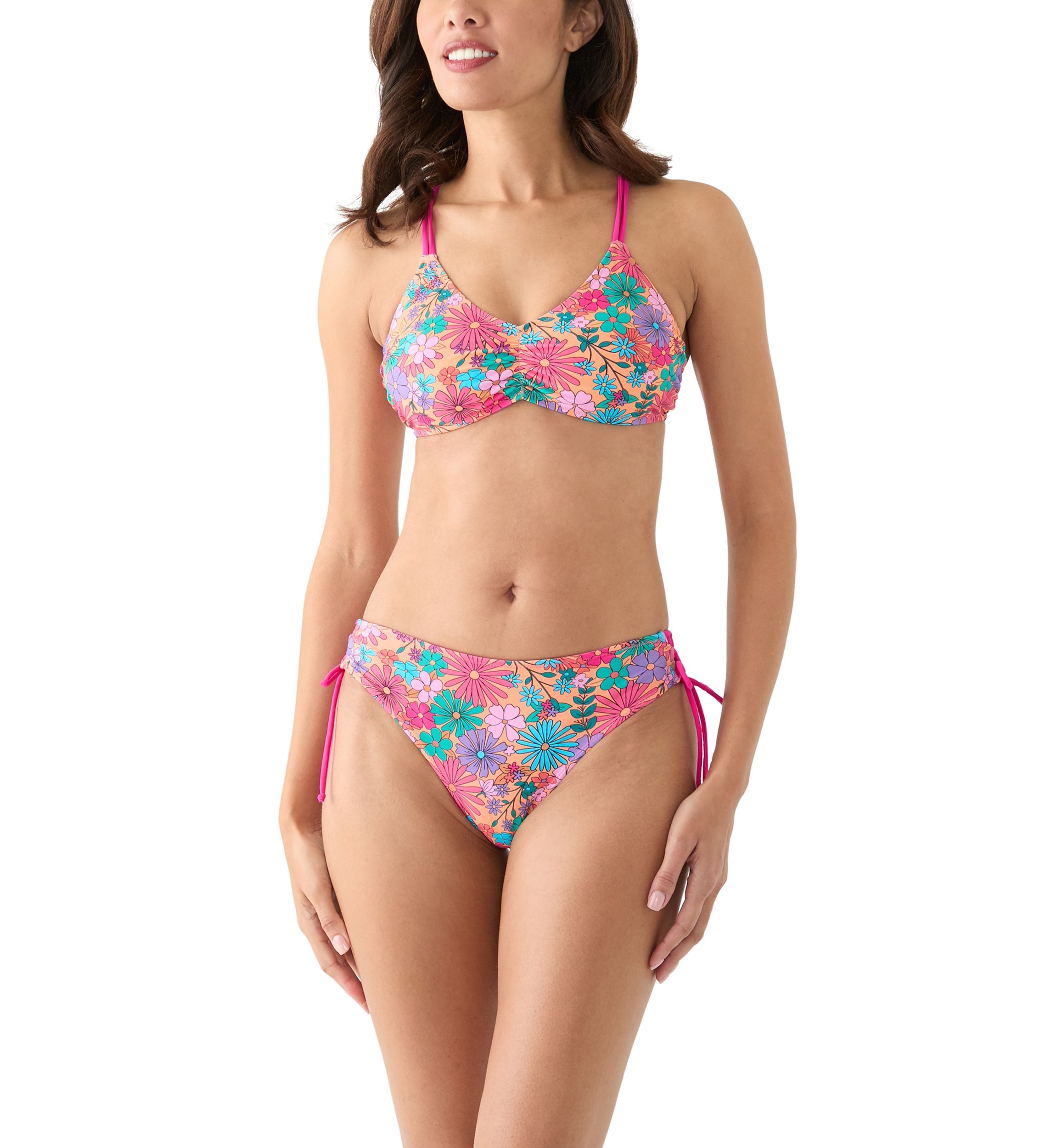 Bright Floral Adjustable Mid Rise Swim Bikini Bottoms 