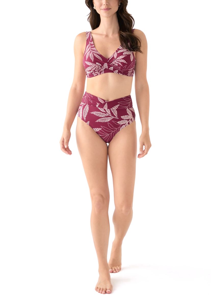Dotted Tropical Leaves Overlap High Waisted Swim Bottoms 