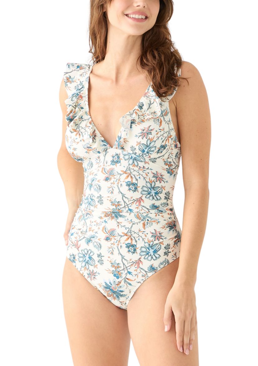 White Print Vintage Paisley Ruffle Surplice Swimsuit 