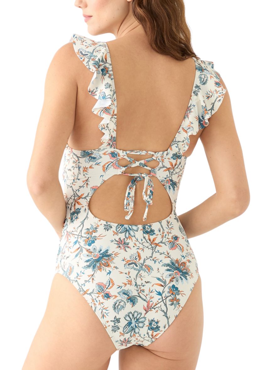 White Print Vintage Paisley Ruffle Surplice Swimsuit 
