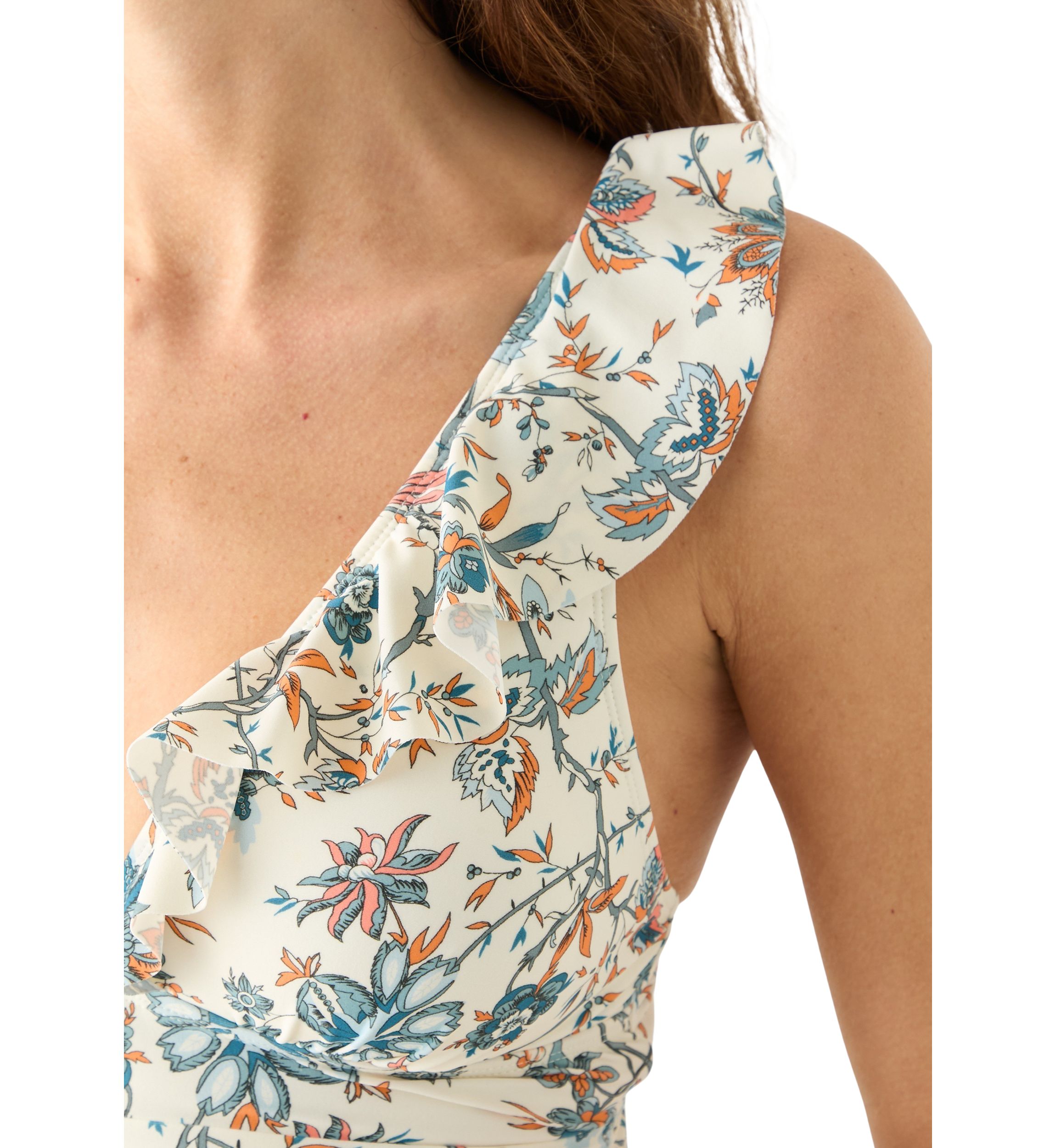 White Print Vintage Paisley Ruffle Surplice Swimsuit 