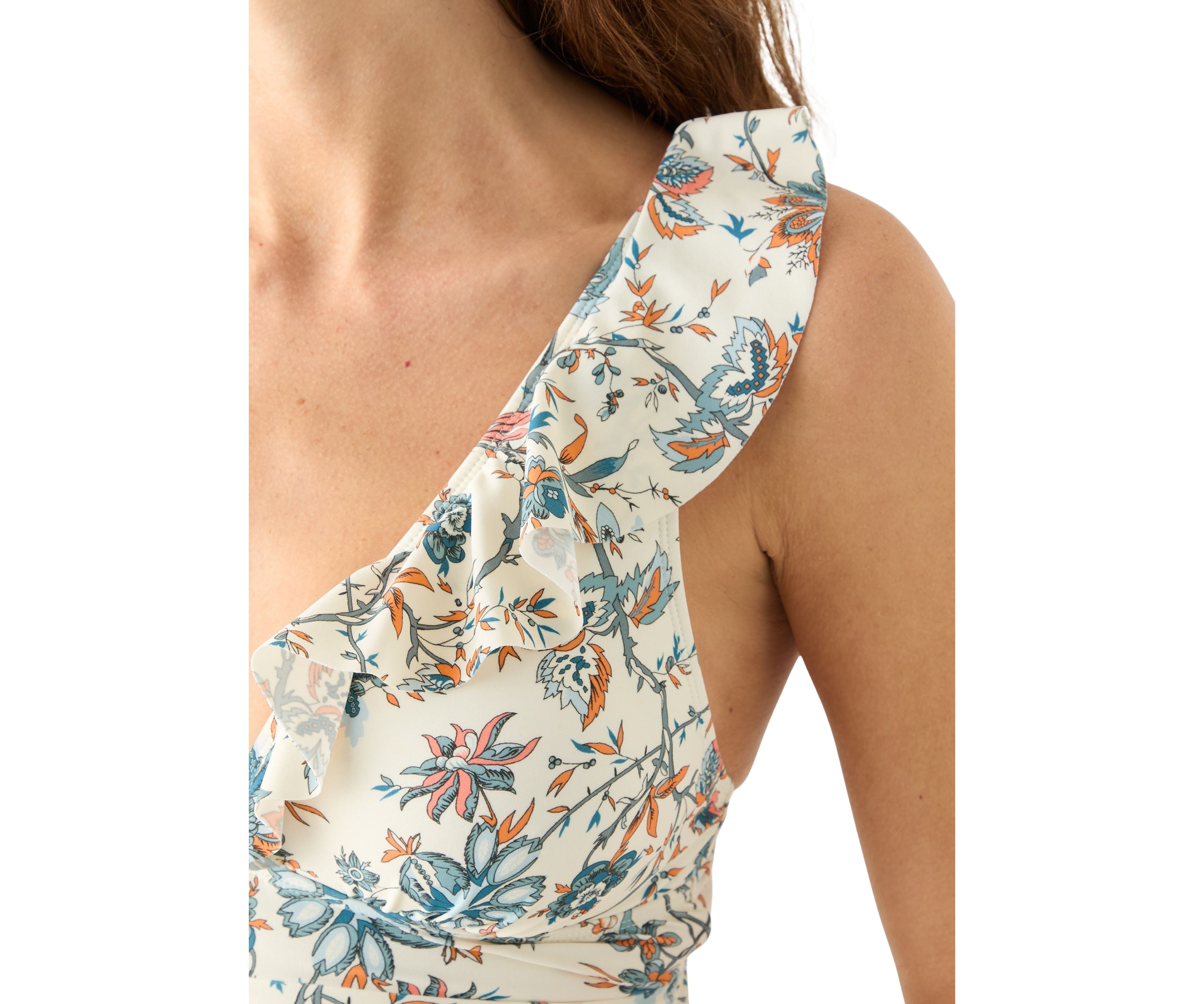 White Print Vintage Paisley Ruffle Surplice Swimsuit 