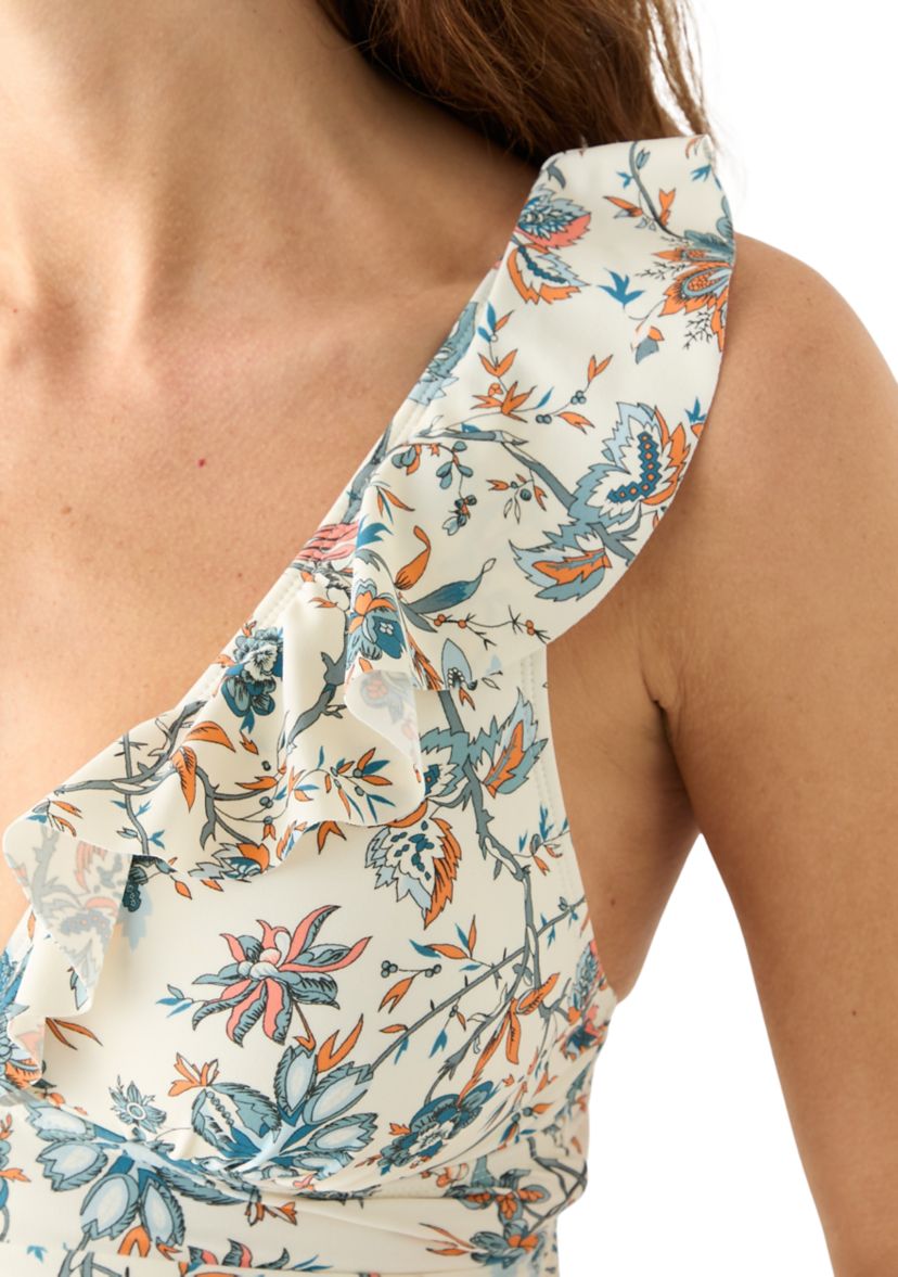 White Print Vintage Paisley Ruffle Surplice Swimsuit 