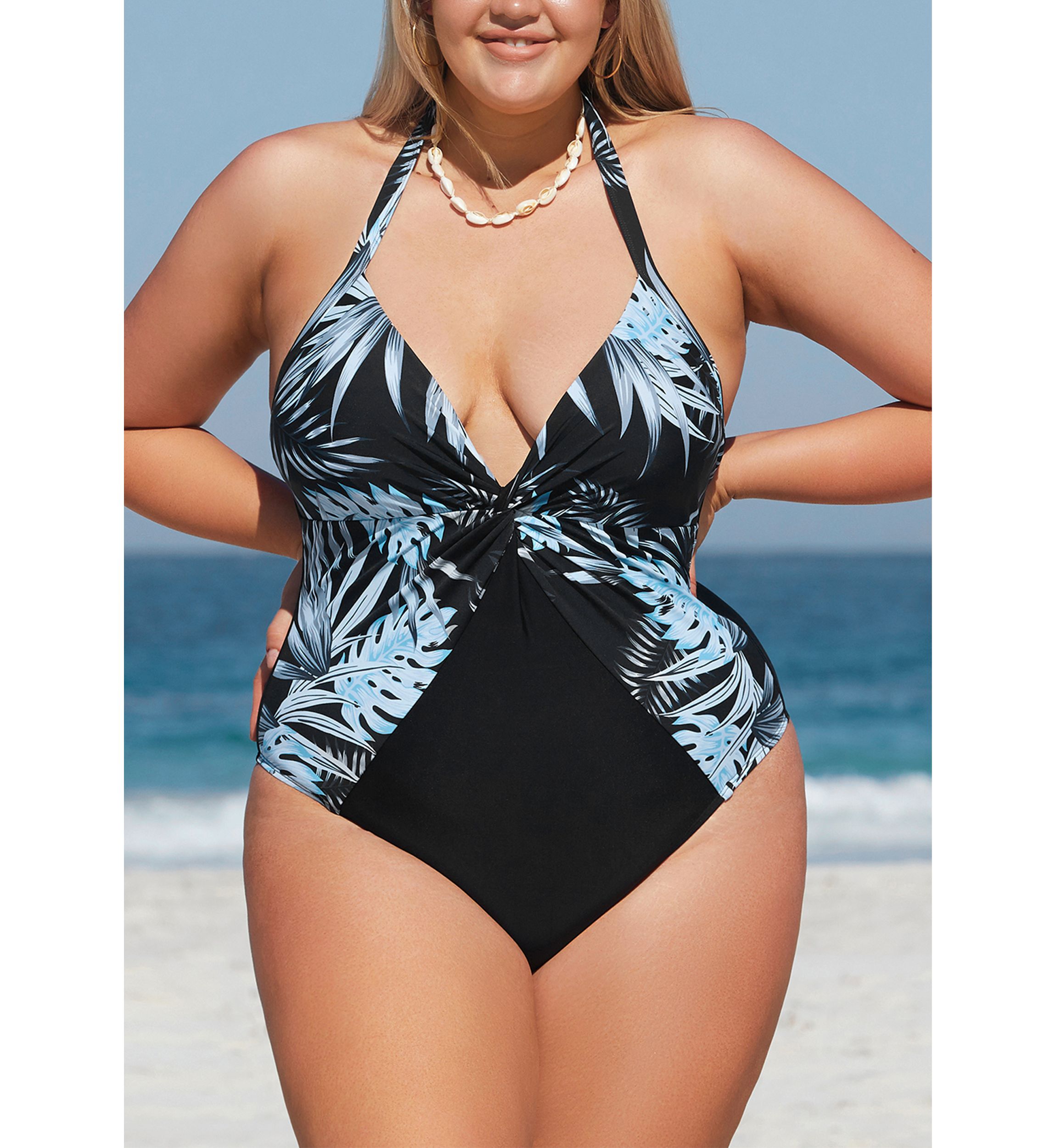 Plus Size Plunge Palm Printed One Piece Swimsuit