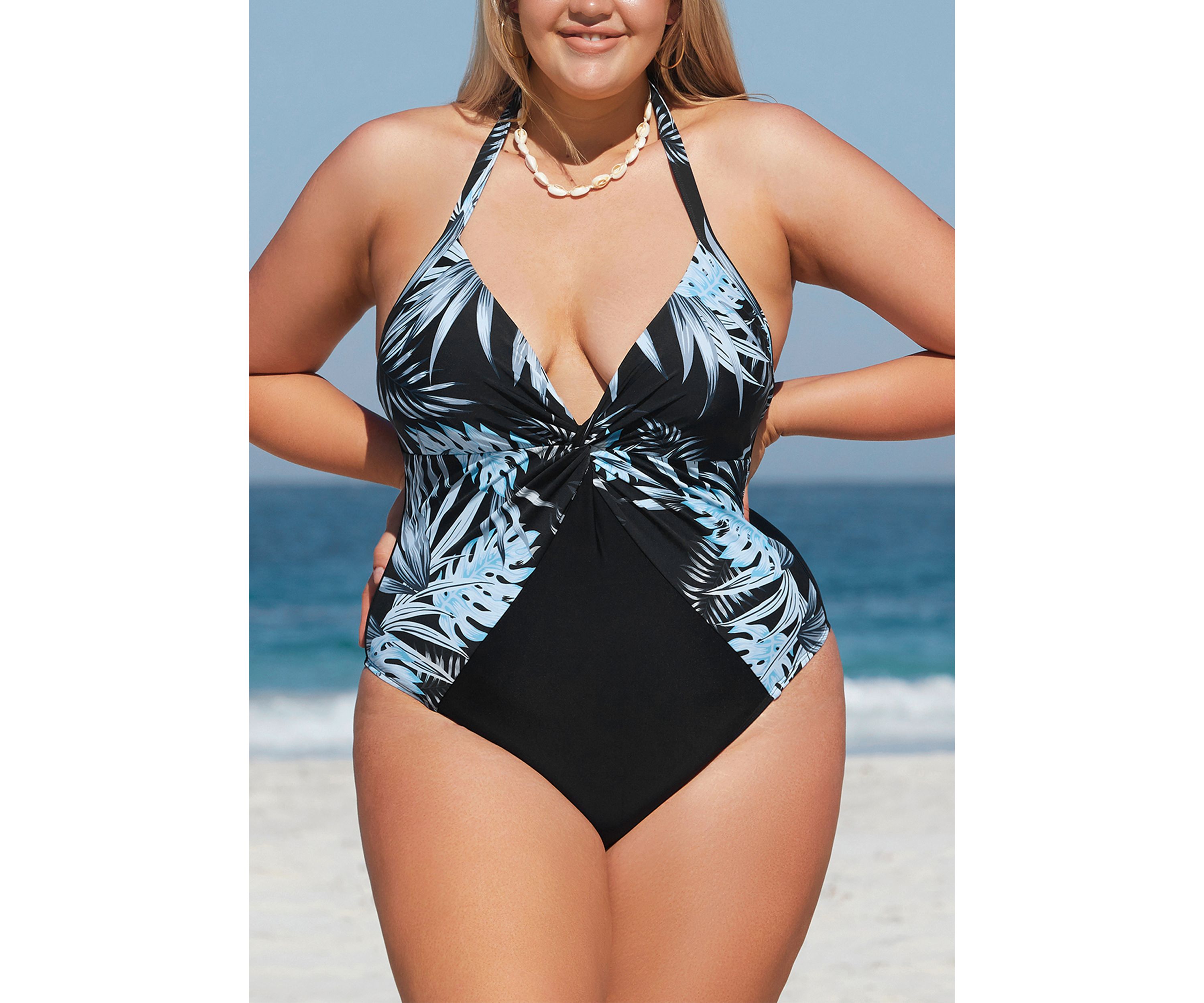 Plus Size Plunge Palm Printed One Piece Swimsuit