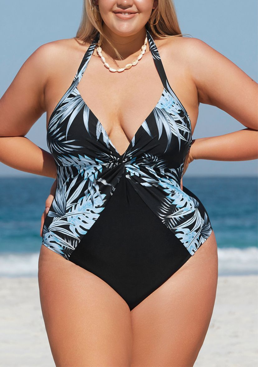 Plus Size Plunge Palm Printed One Piece Swimsuit